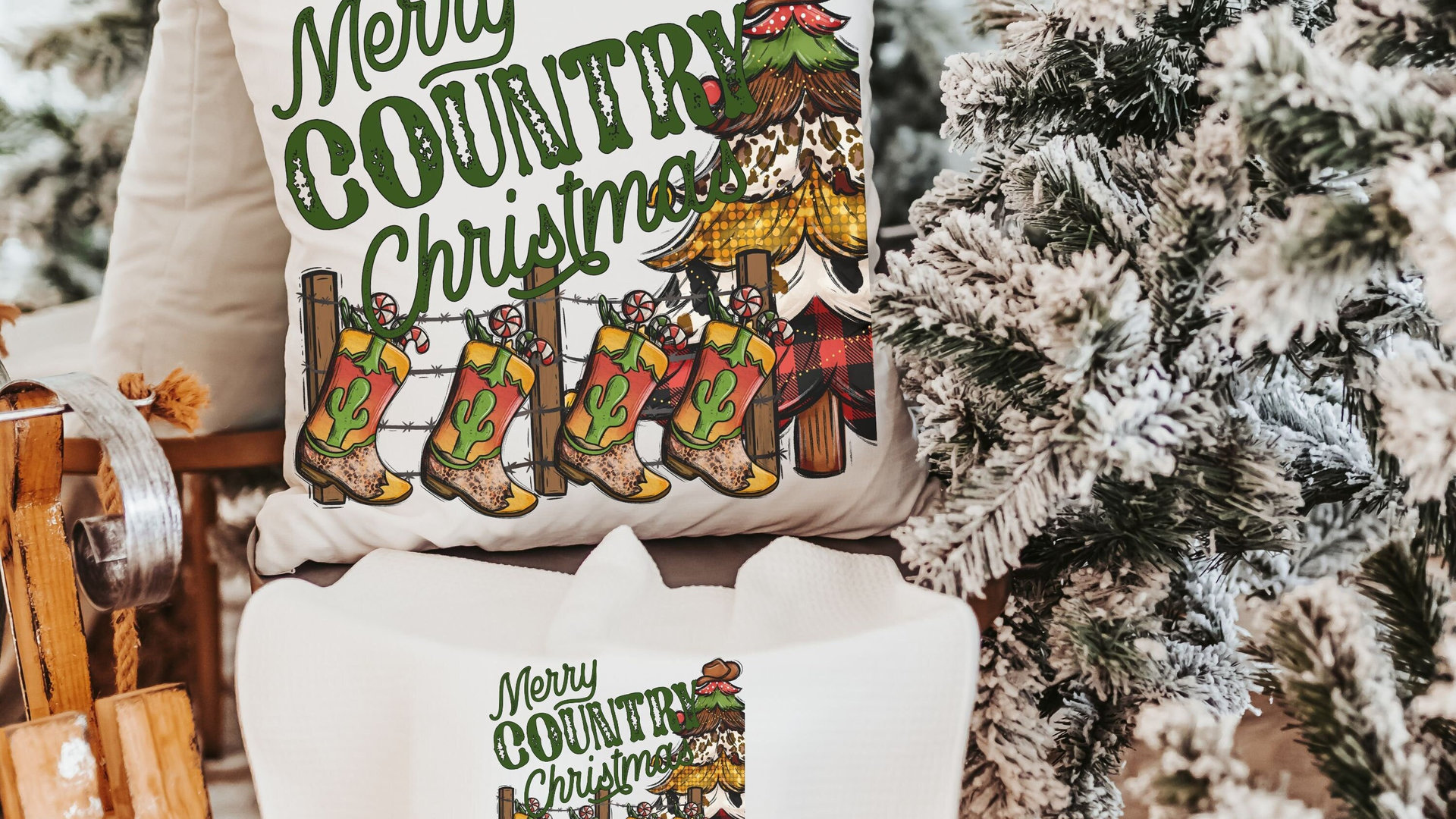 merry country Christmas throw pillows for sofa, cowboy Christmas tree Christmas kitchen towels, western Christmas decor for home, hostess