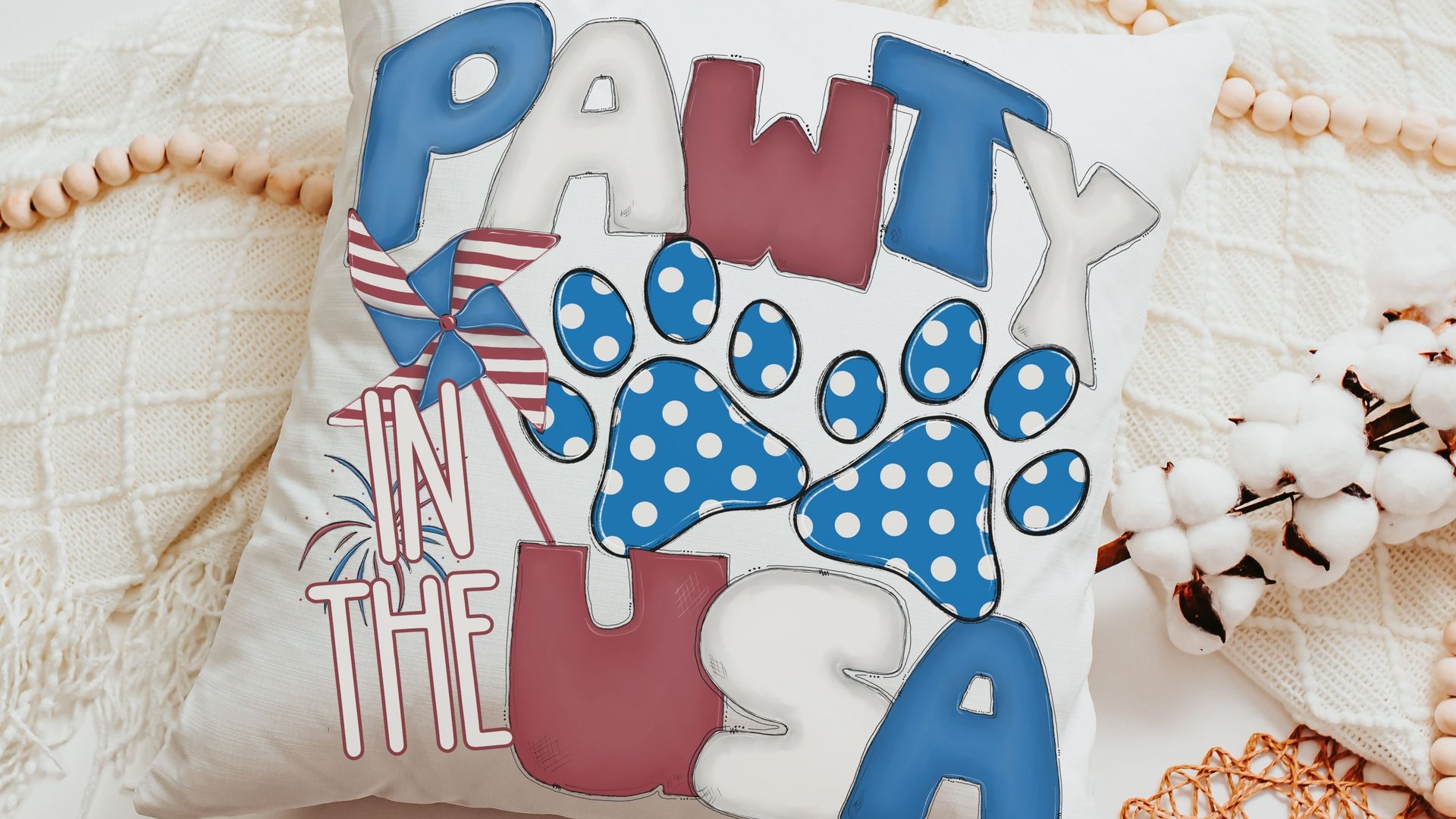 paw print party in the USA throw pillows for couch, dog mom gift, red white and blue 4th of July decor front porch pillows, patriotic gifts