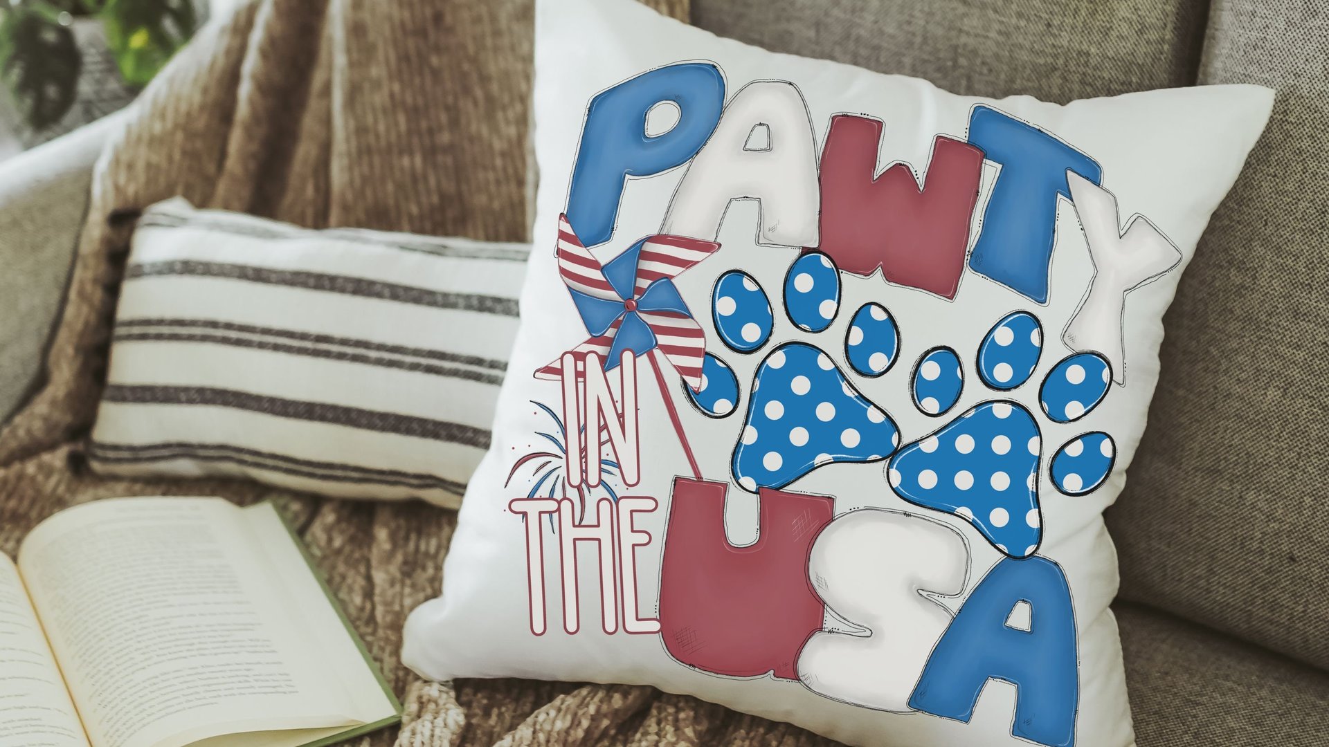 paw print party in the USA throw pillows for couch, dog mom gift, red white and blue 4th of July decor front porch pillows, patriotic gifts