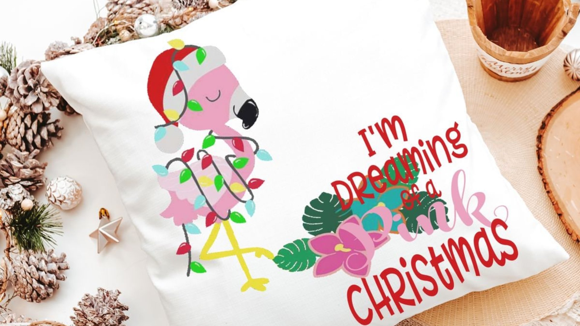 I'm dreaming of a pink Christmas throw pillows for couch, flamingo Christmas kitchen towels, cute Christmas gifts for beach lovers, coastal