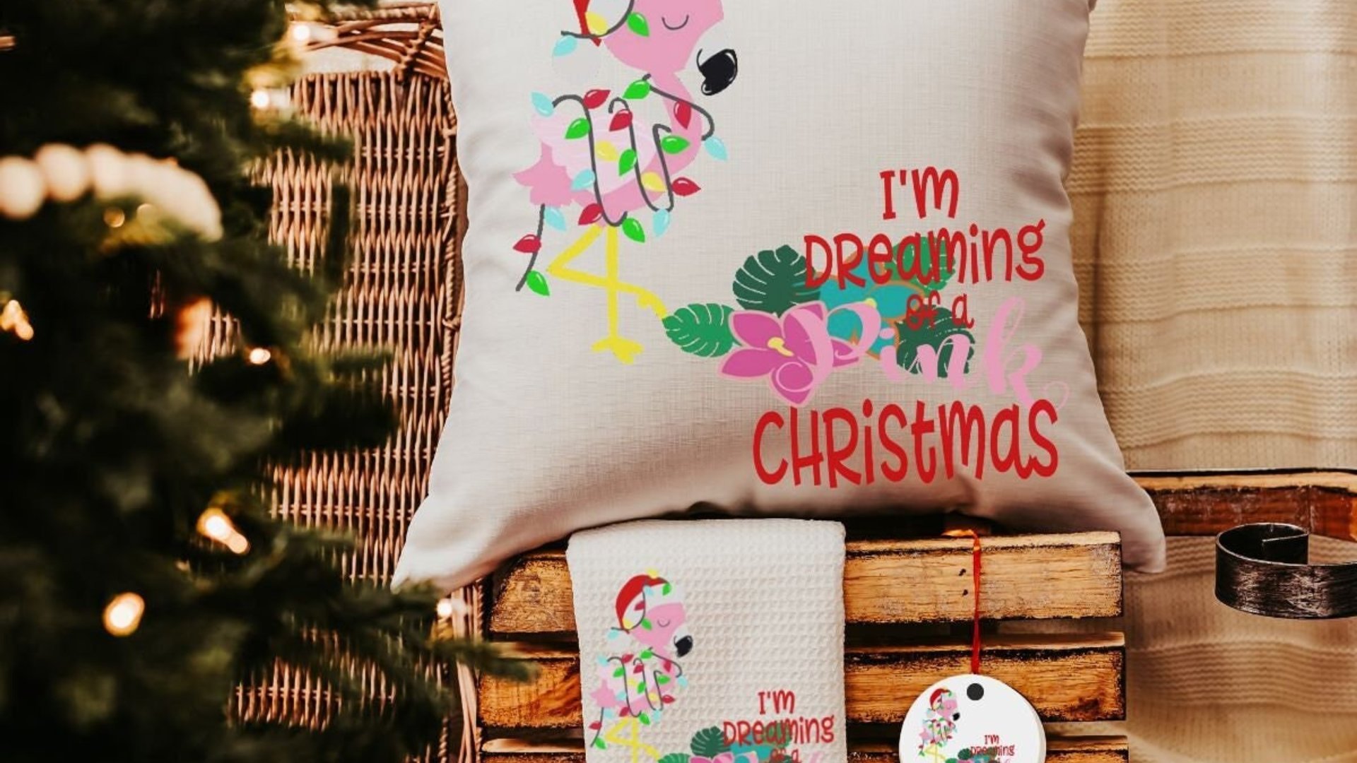 I'm dreaming of a pink Christmas throw pillows for couch, flamingo Christmas kitchen towels, cute Christmas gifts for beach lovers, coastal