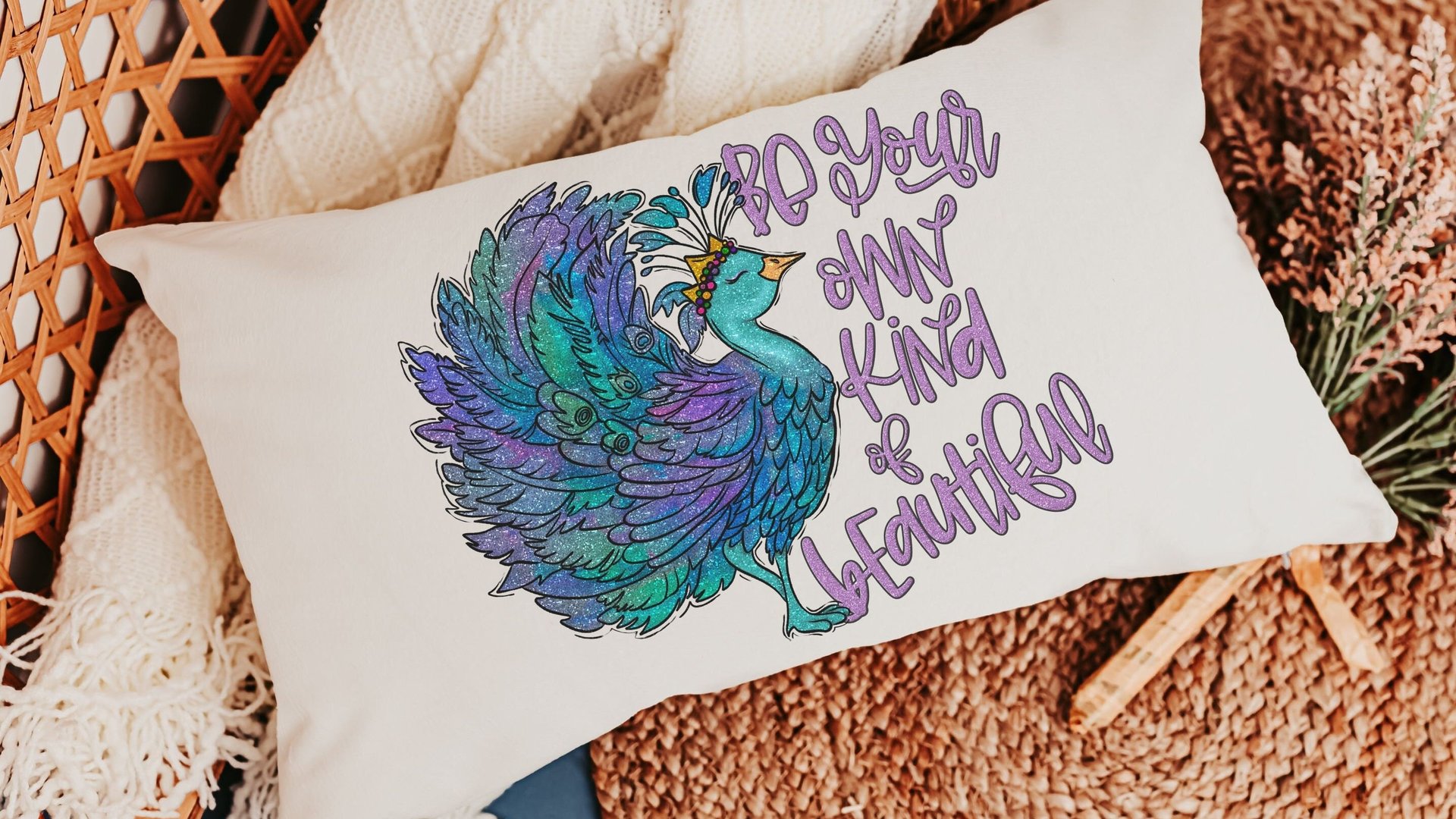 be your own kind of beautiful lumbar pillow for bed, cute dorm decor for girls, inspirational gifts for graduation, peacock throw pillow