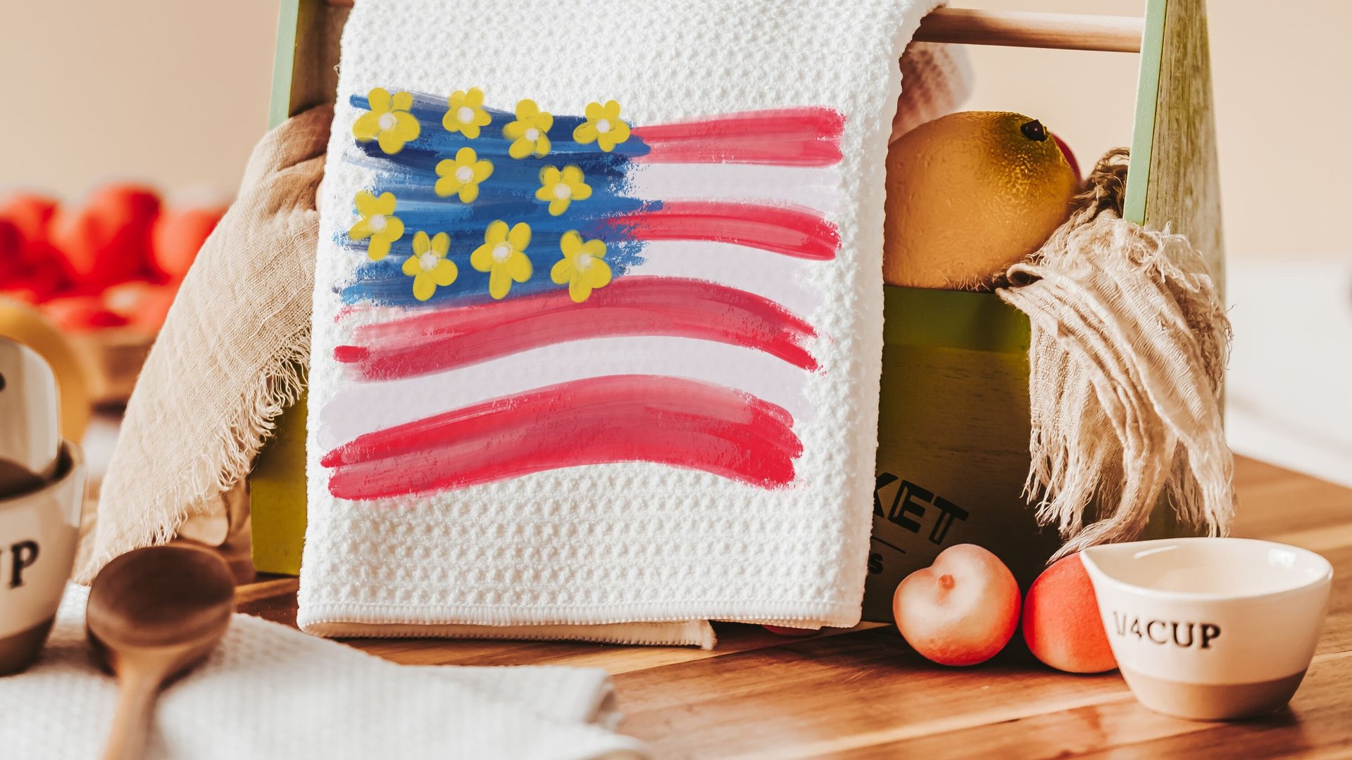 floral American flag kitchen towels, patriotic kitchen decor, 4th of July bridal shower gifts for bride, USA gifts, Independence day home