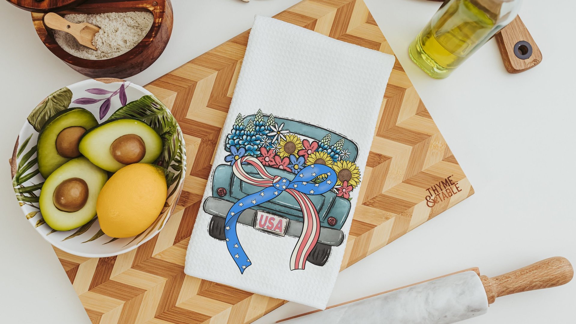 4th of July kitchen towels for beach, summer kitchen decor, patriotic bow coquette room decor, military mom gifts, floral kitchen hand towel