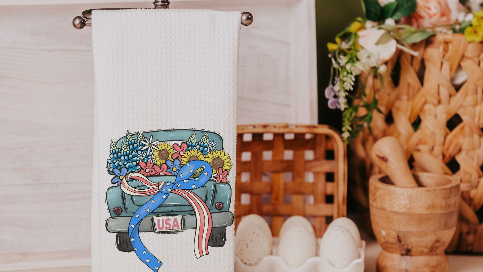 4th of July kitchen towels for beach, summer kitchen decor, patriotic bow coquette room decor, military mom gifts, floral kitchen hand towel