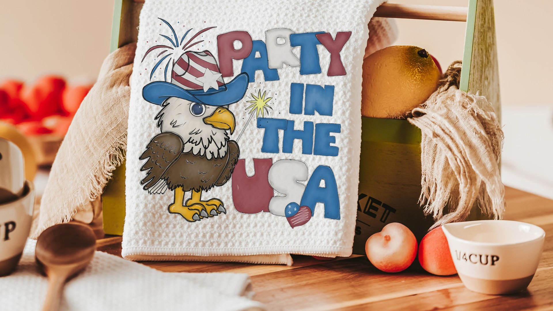 party in the USA kitchen towels, bald eagle patriotic kitchen decor, 4th of July bridal shower gifts for bride, Independence day home decor