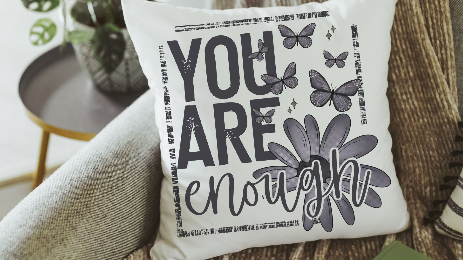 you are enough inspirational throw pillow for couch, college dorm decor for girls, mental health gifts for women, positive affirmations for