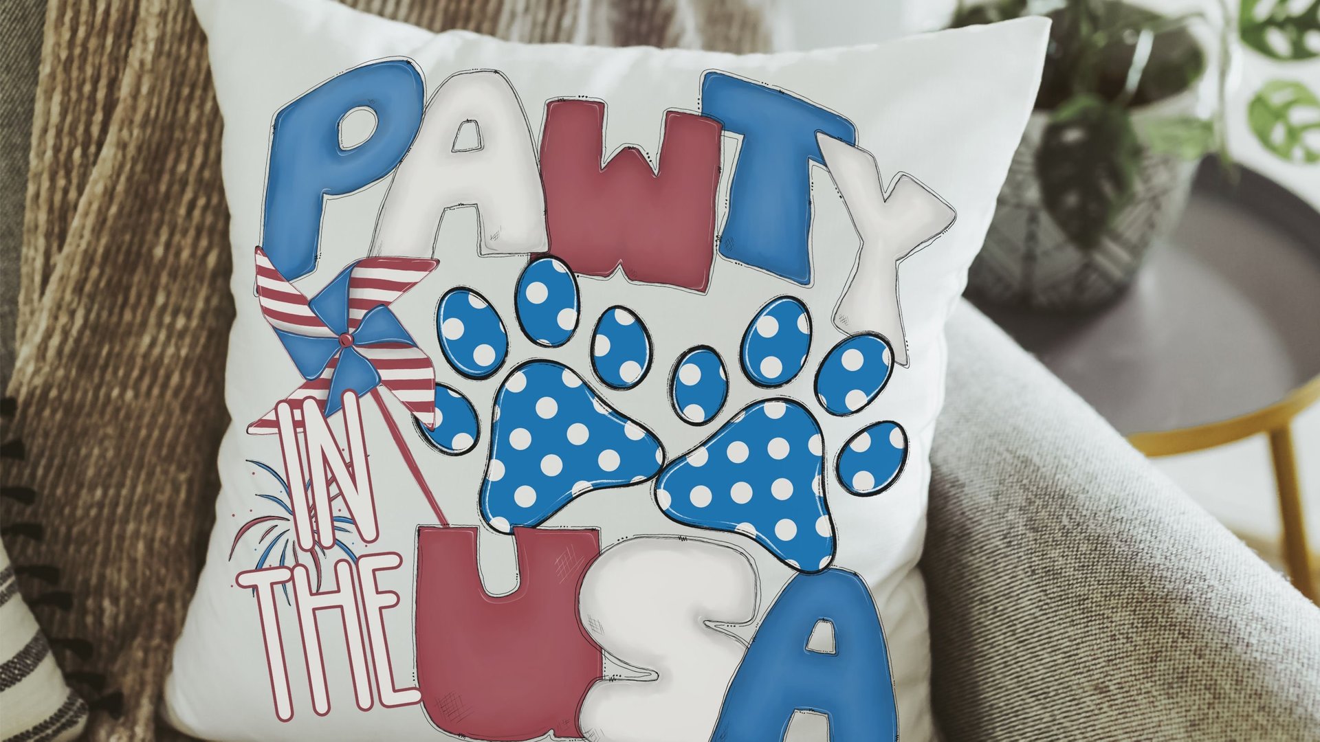 paw print party in the USA throw pillows for couch, dog mom gift, red white and blue 4th of July decor front porch pillows, patriotic gifts