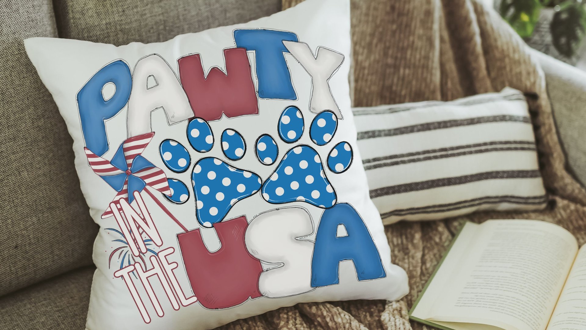 paw print party in the USA throw pillows for couch, dog mom gift, red white and blue 4th of July decor front porch pillows, patriotic gifts