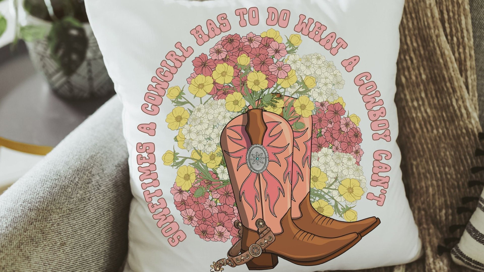 cowgirl throw pillow for couch, girl power gifts, country western nursery decor girl, female empowerment reading nook pillow, country girl