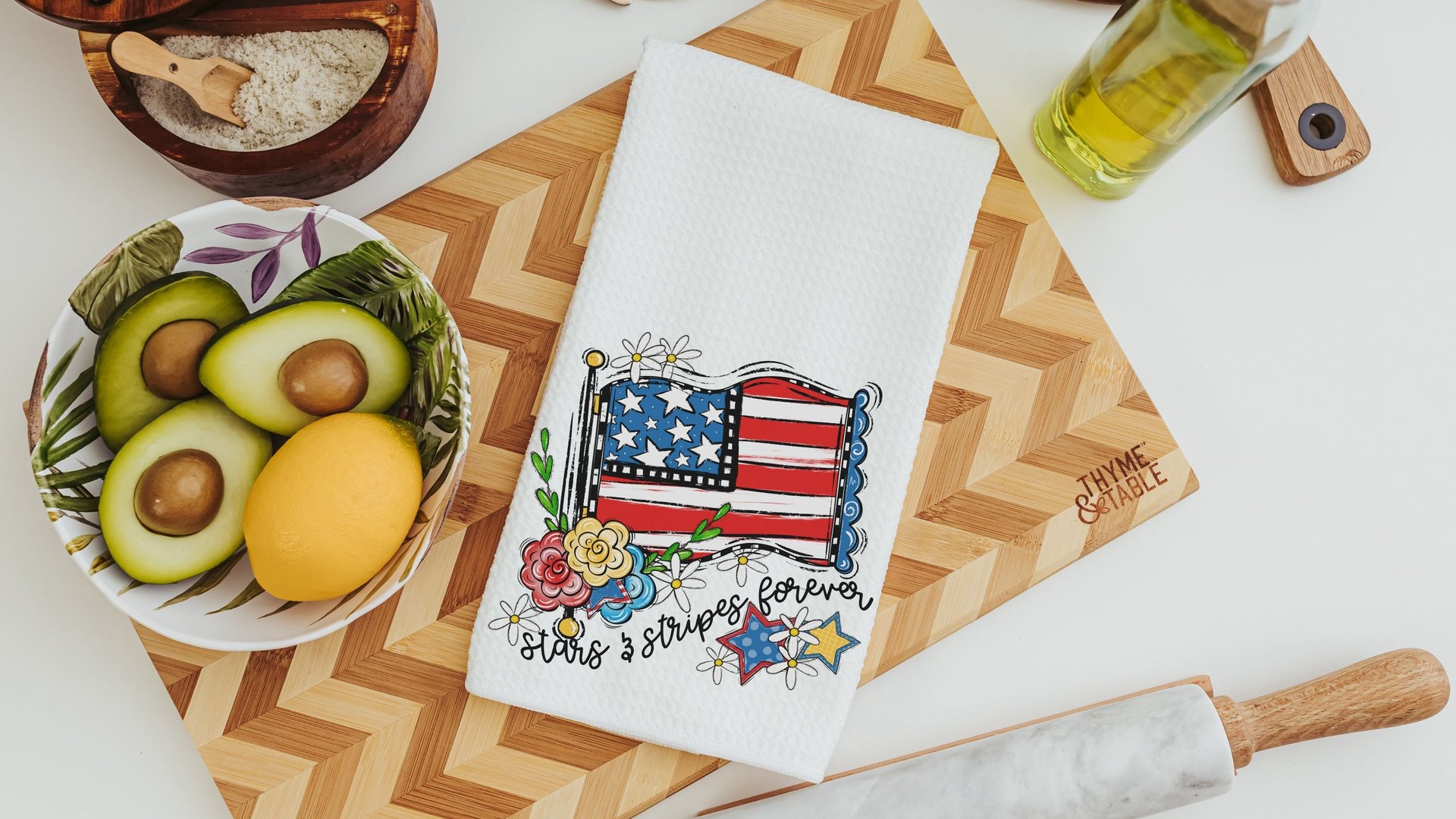 stars and stripes forever 4th of July kitchen towels for cooks, patriotic kitchen decor, floral American flag kitchen hand towels for powder