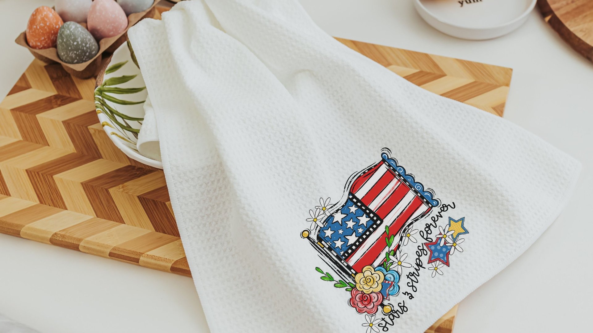 stars and stripes forever 4th of July kitchen towels for cooks, patriotic kitchen decor, floral American flag kitchen hand towels for powder
