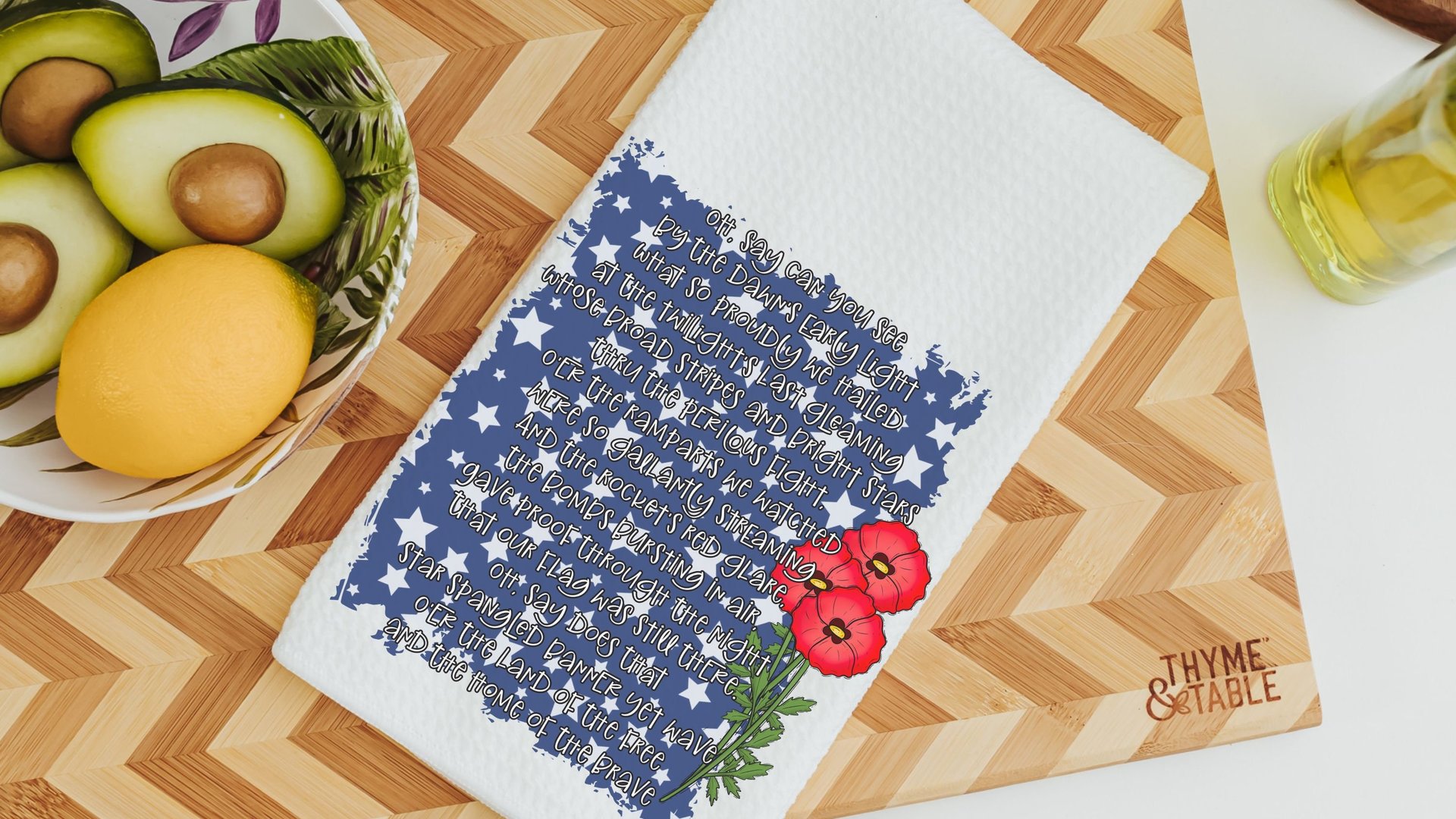 star spangled banner print patriotic kitchen towel for summer, 4th of July hand towels for women, Americana kitchen decor, red poppy floral