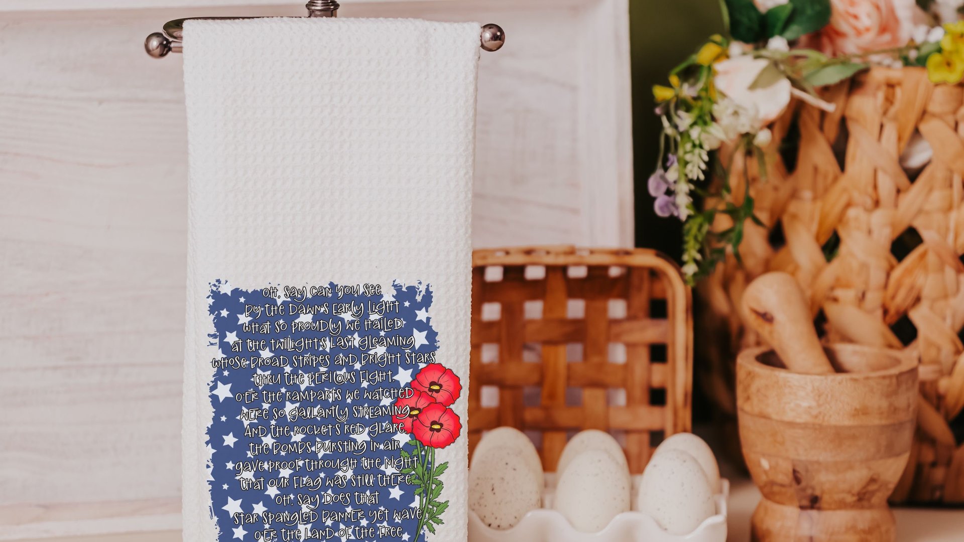 star spangled banner print patriotic kitchen towel for summer, 4th of July hand towels for women, Americana kitchen decor, red poppy floral