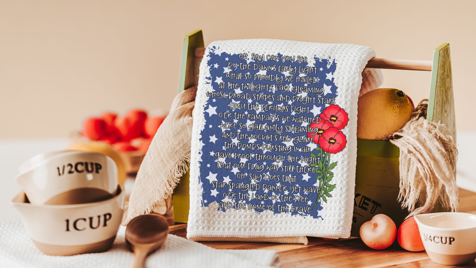 star spangled banner print patriotic kitchen towel for summer, 4th of July hand towels for women, Americana kitchen decor, red poppy floral