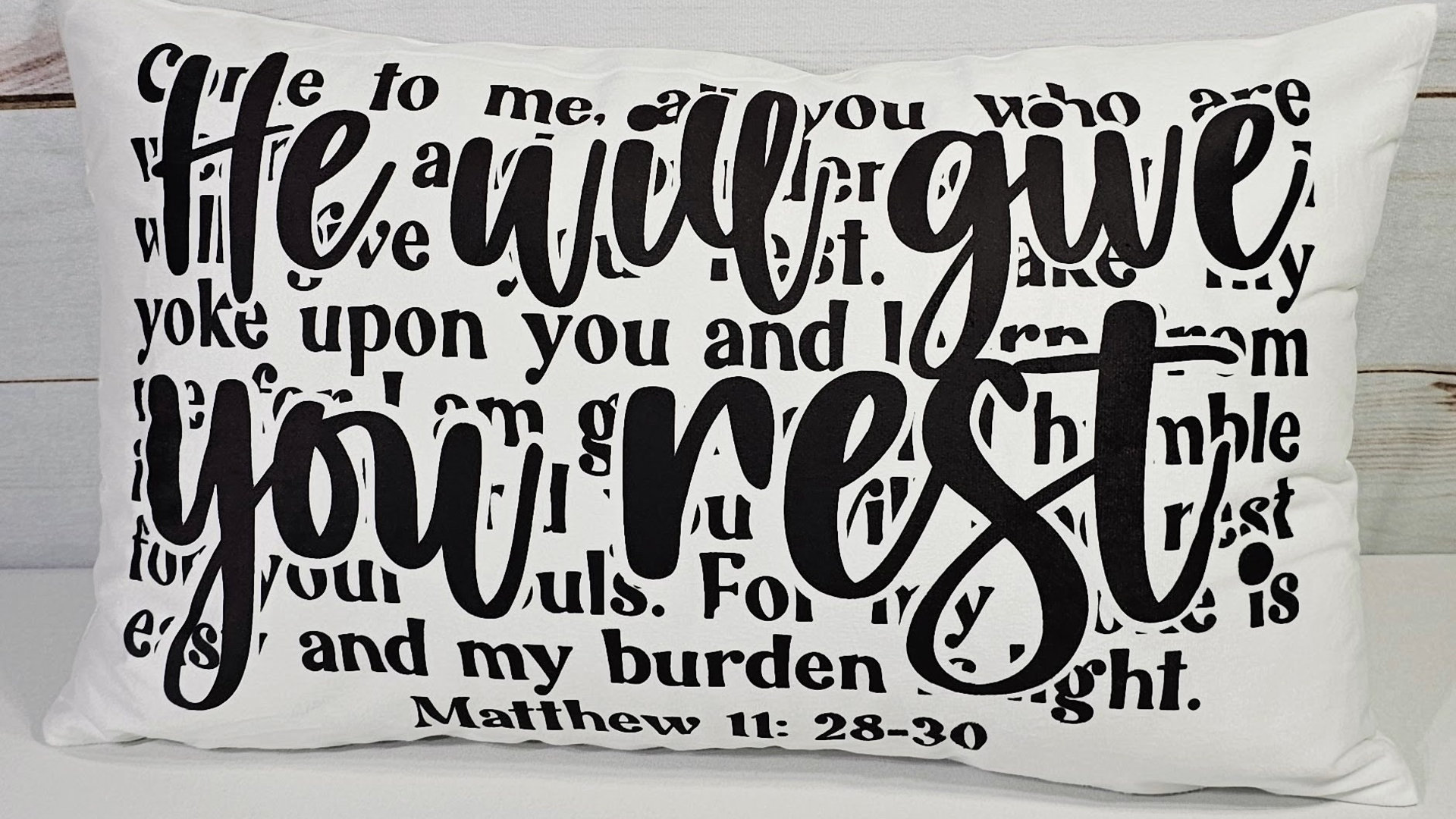 come unto me I will give you rest Bible verse throw pillow for bed, inspirational Christian gifts for sister, Matthew 11 28 scripture pillow