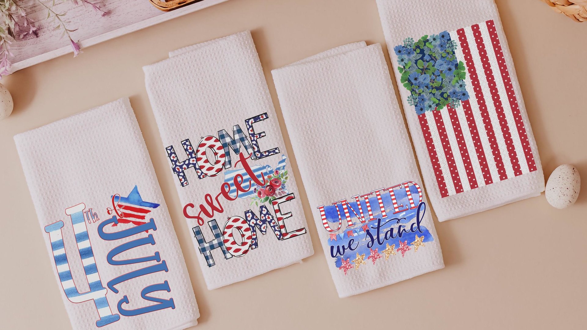 4th of July kitchen towels, patriotic decor for home, July birthday gifts for her, hostess gift ideas, home sweet home dish towel, new home
