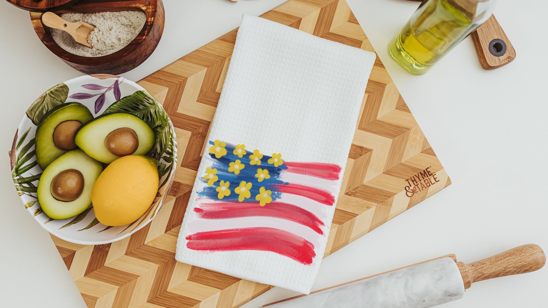 floral American flag kitchen towels, patriotic kitchen decor, 4th of July bridal shower gifts for bride, USA gifts, Independence day home