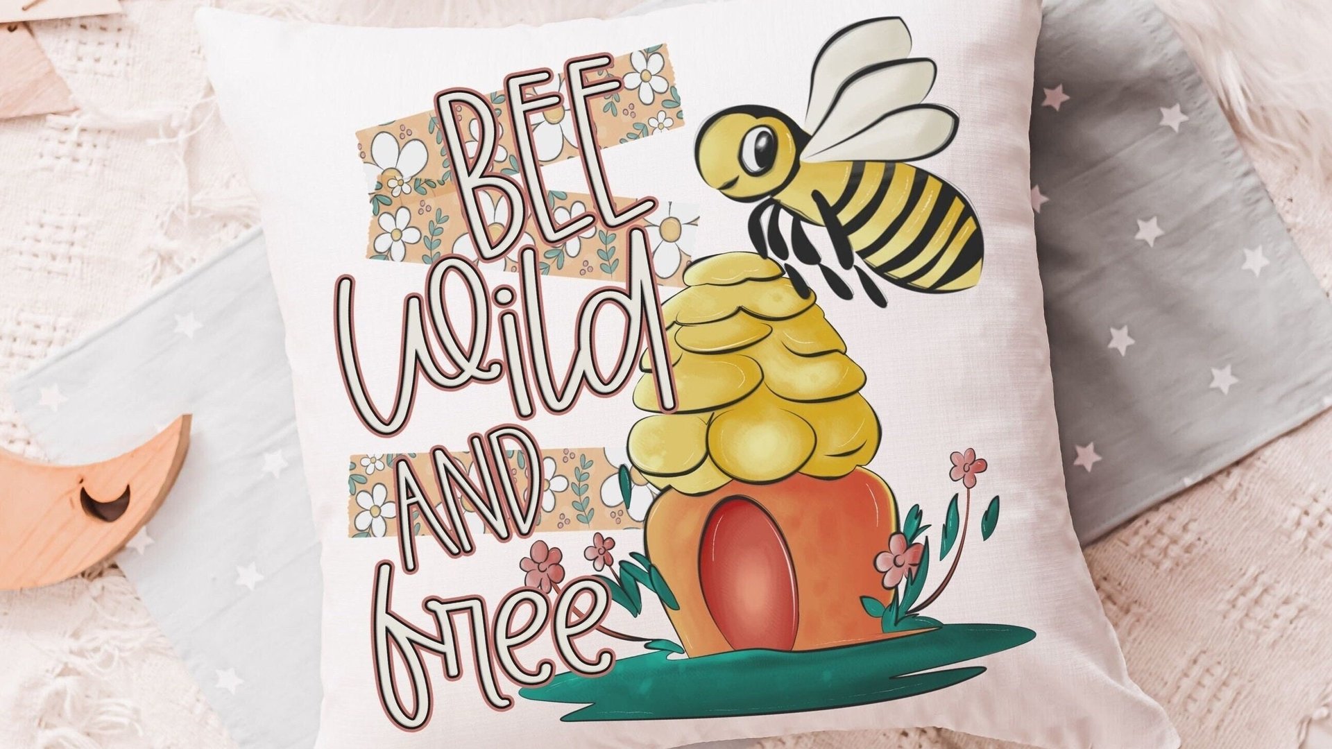 be wild and free bumble bee throw pillow for kids reading nook pillow covers 18x18, honey bee baby shower gifts, inspirational nursery decor