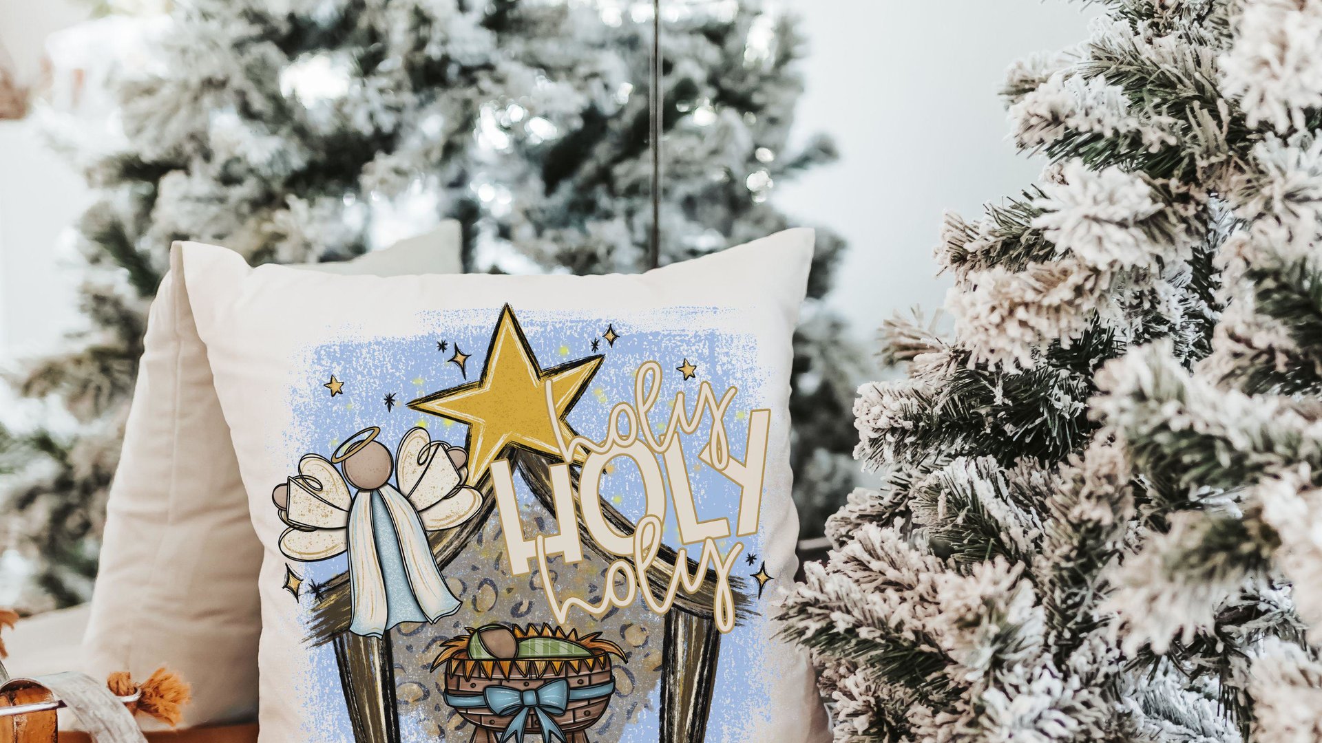 holy holy holy hymn Christian throw pillow for couch, nativity scene Christmas kitchen towels for gifts, primitive angel Christmas decor for