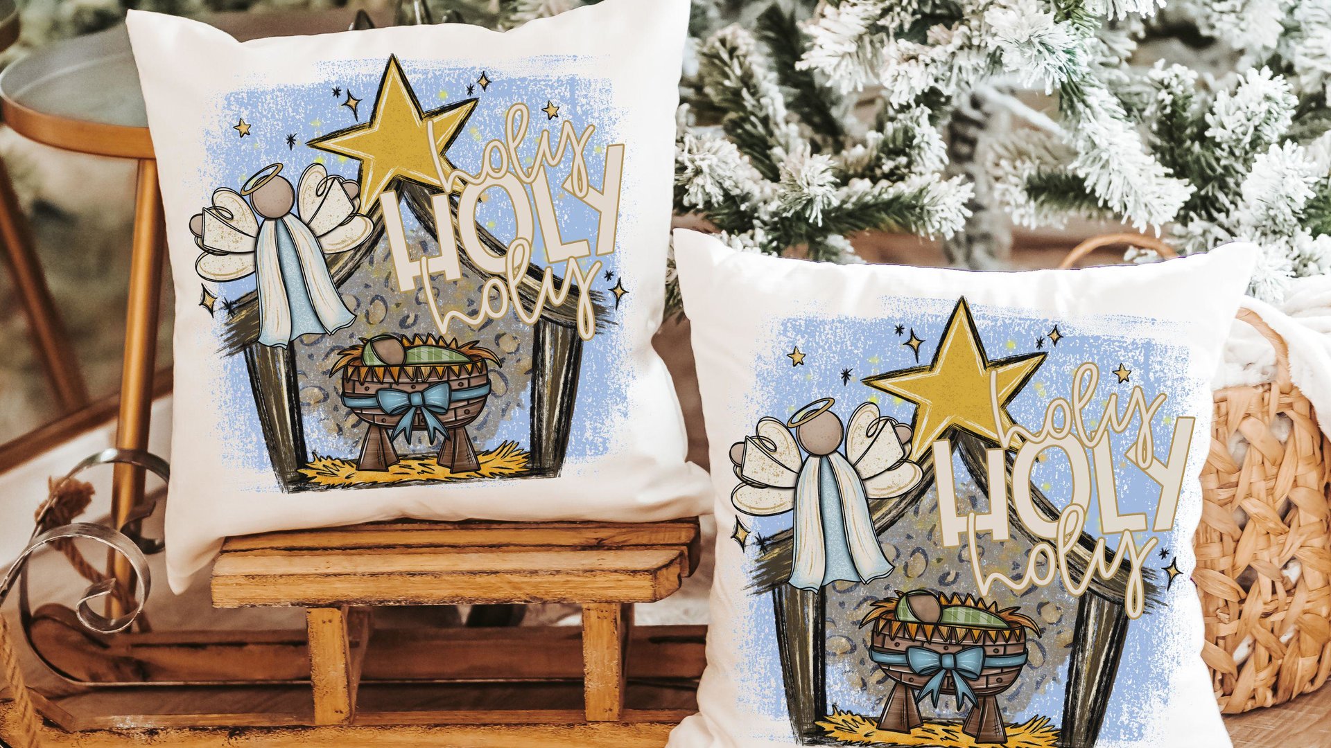 holy holy holy hymn Christian throw pillow for couch, nativity scene Christmas kitchen towels for gifts, primitive angel Christmas decor for