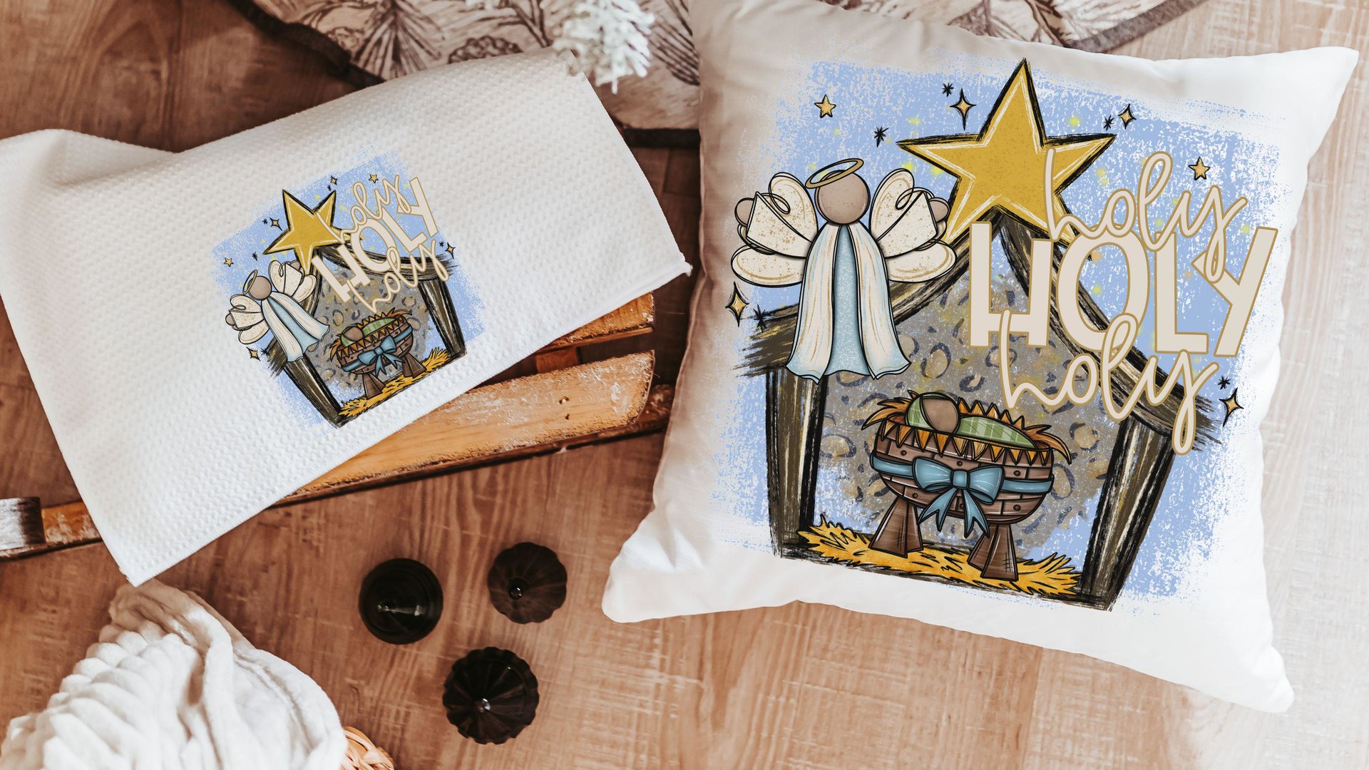 holy holy holy hymn Christian throw pillow for couch, nativity scene Christmas kitchen towels for gifts, primitive angel Christmas decor for