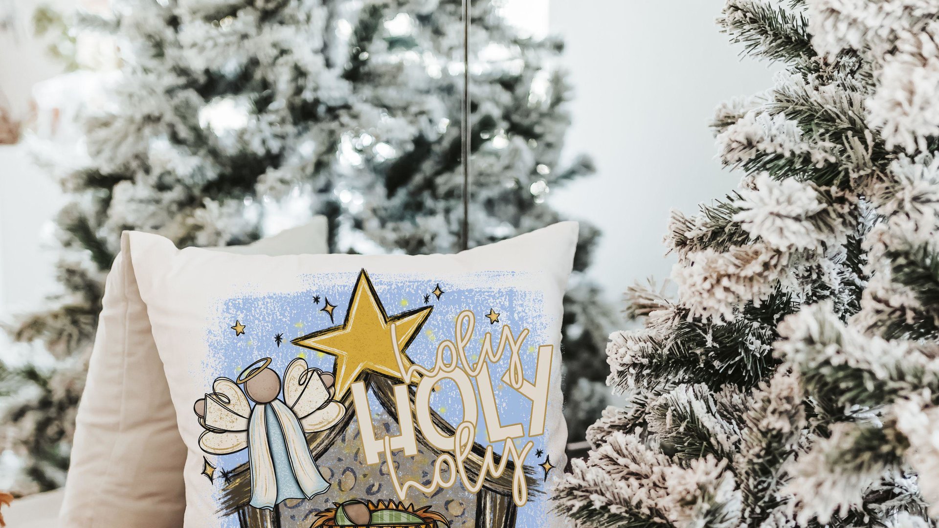 holy holy holy hymn Christian throw pillow for couch, nativity scene Christmas kitchen towels for gifts, primitive angel Christmas decor for