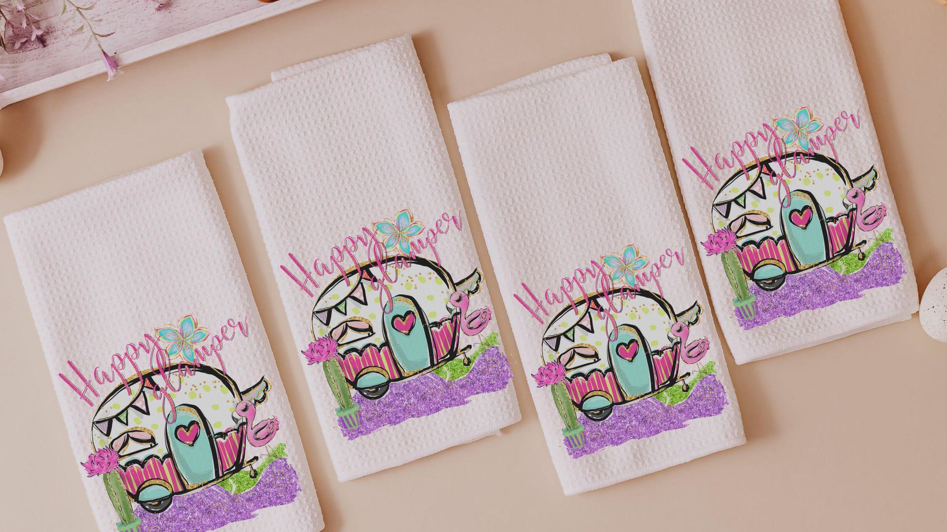 happy glamper funny kitchen towels for women, RV accessories for inside, cute camper hand towels for bathroom, glamping bachelorette party