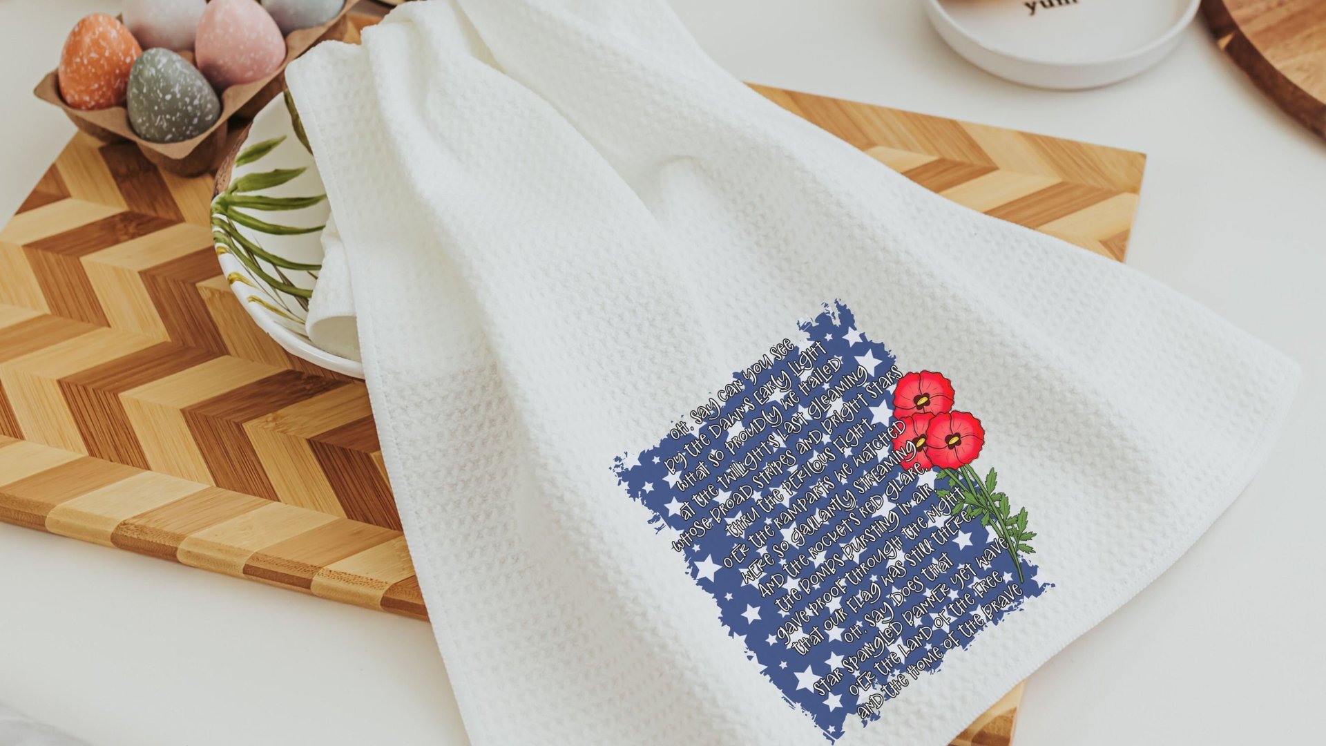 star spangled banner print patriotic kitchen towel for summer, 4th of July hand towels for women, Americana kitchen decor, red poppy floral