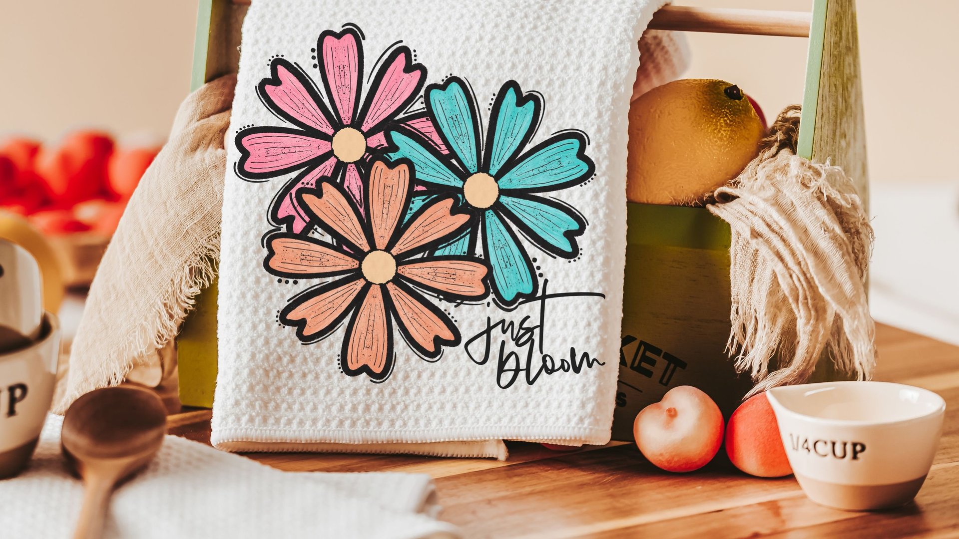 just bloom floral kitchen towels for cooks, colorful daisy kitchen dish towels, plant mom gift, cute flower hand towels for powder room