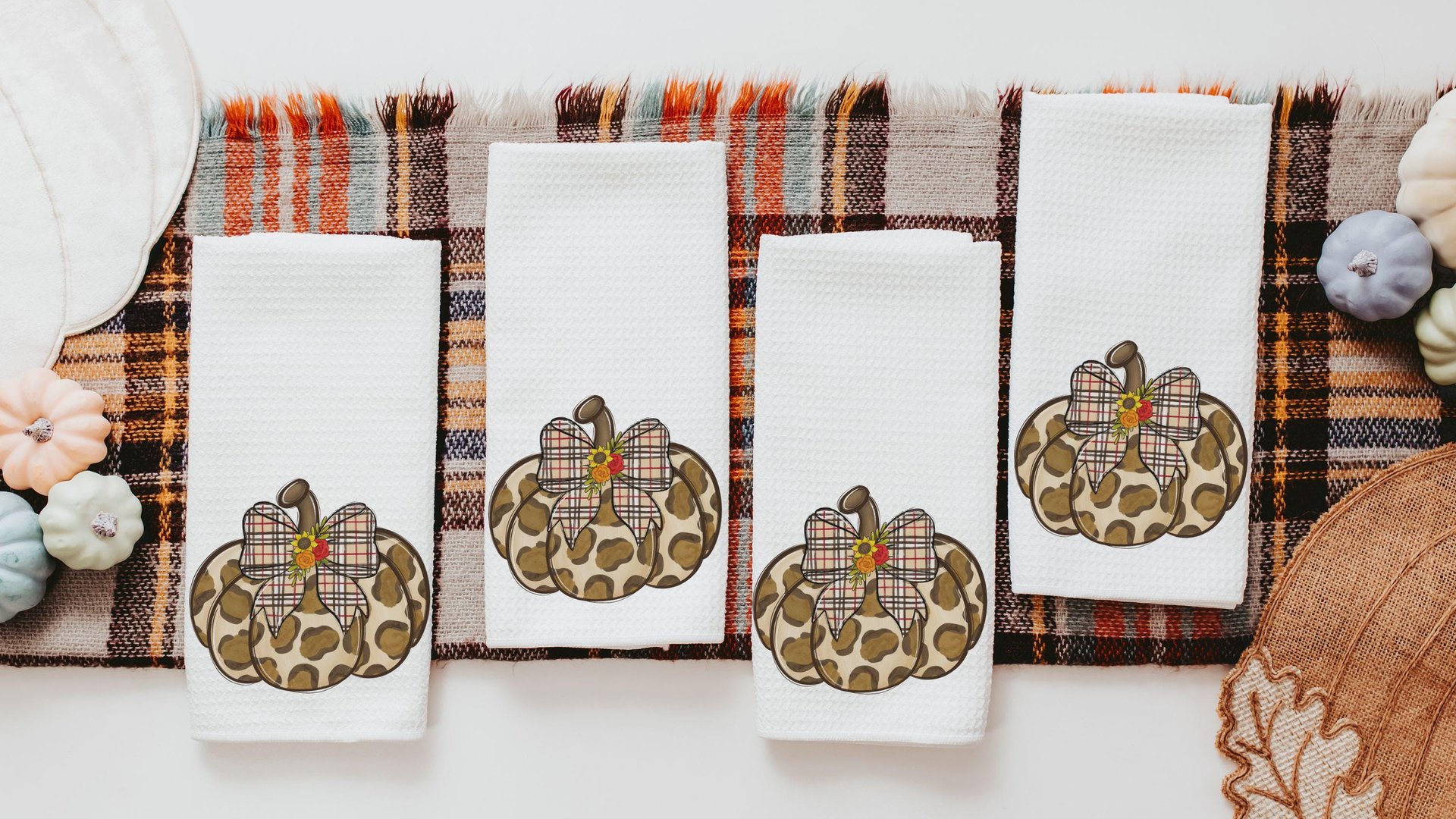 leopard pumpkin throw pillow for bed trendy gifts for women, plaid fall kitchen towels, autumn girly gift set for her, pumpkin coquette room