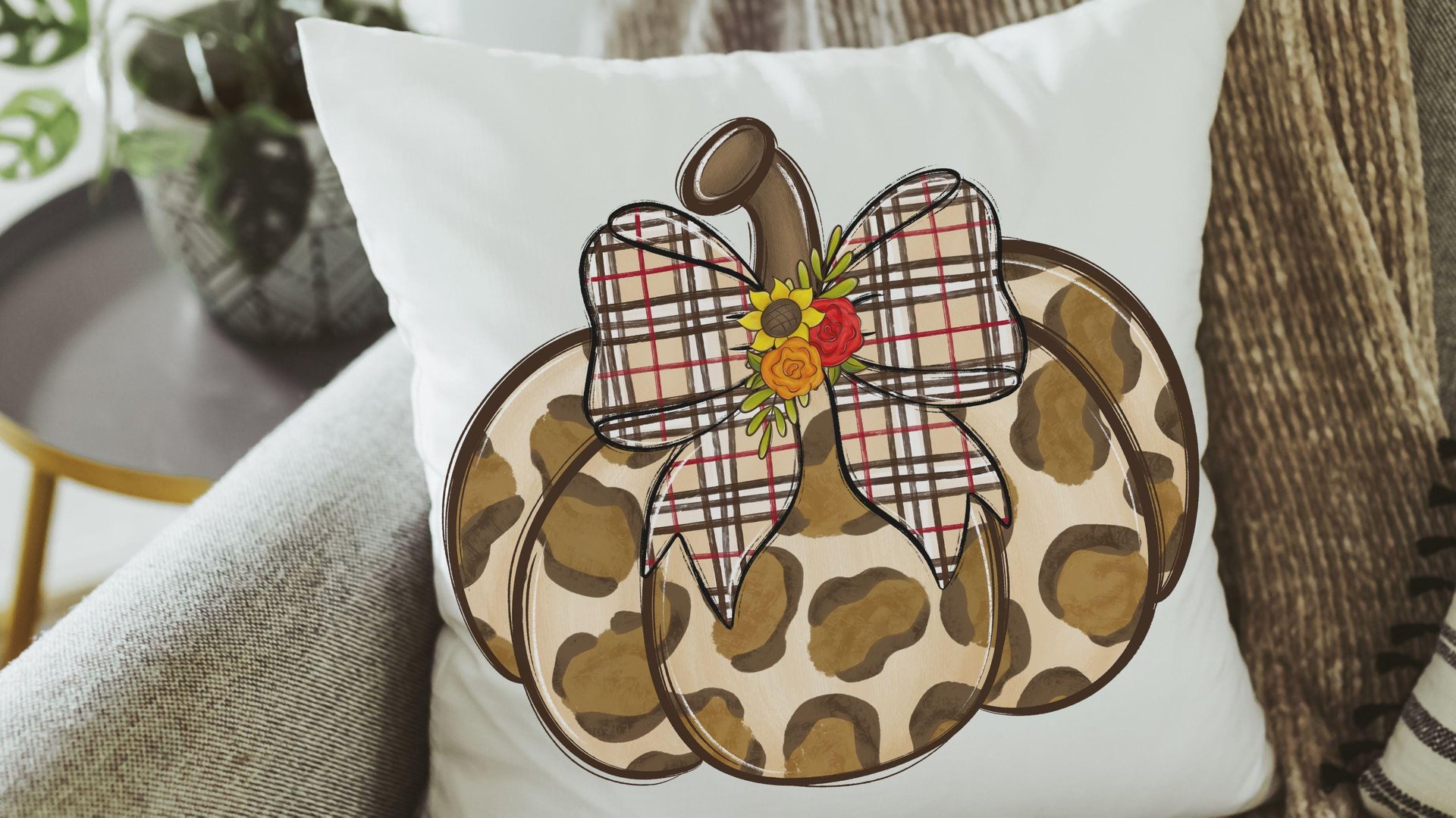 leopard pumpkin throw pillow for bed trendy gifts for women, plaid fall kitchen towels, autumn girly gift set for her, pumpkin coquette room