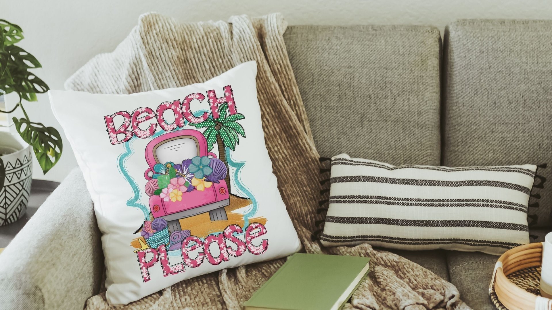 beach please summer truck throw pillows for sofa, sunroom decor, tropical throw pillow cover 18x18, bungalow decor, beach lover gift, funny