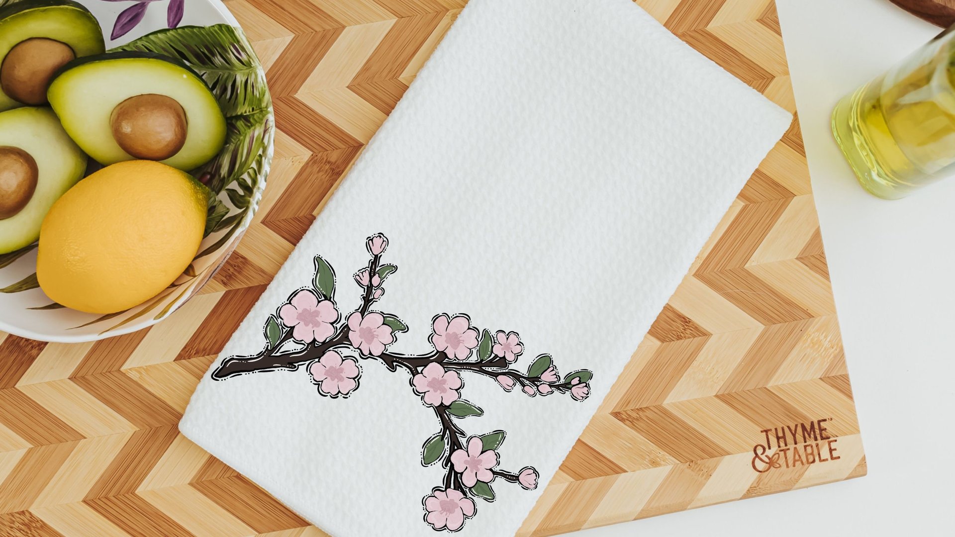 cherry blossom floral kitchen towels for gifts, Japanese aesthetic Japandi kitchen decor, bridal shower gift for bride to be, Sakura flower