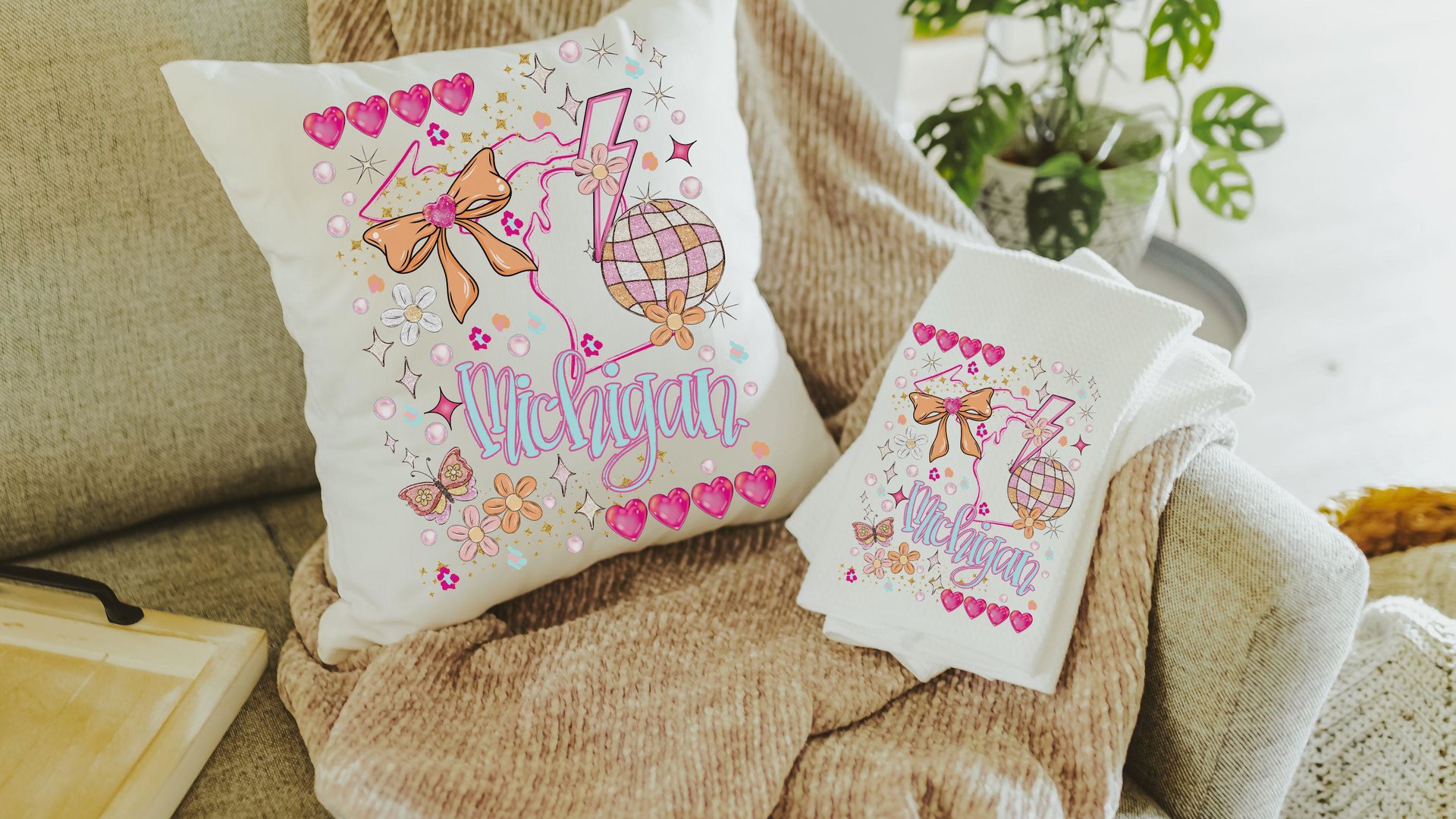 custom pink preppy pillows dorm decor for college girls preppy stuff for teens, Michigan coquette room decor, state throw pillow for bed