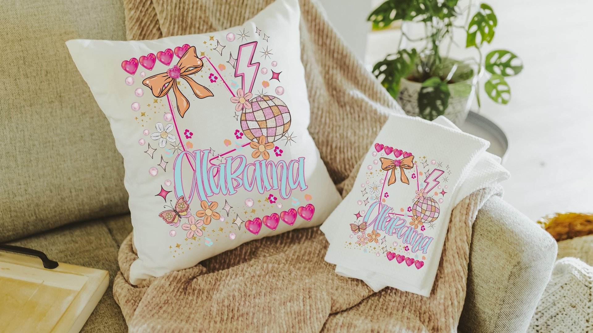 custom Alabama throw pillow for bed, Alabama coquette preppy hand towel bathroom essentials, Alabama college gifts for girls, pink preppy