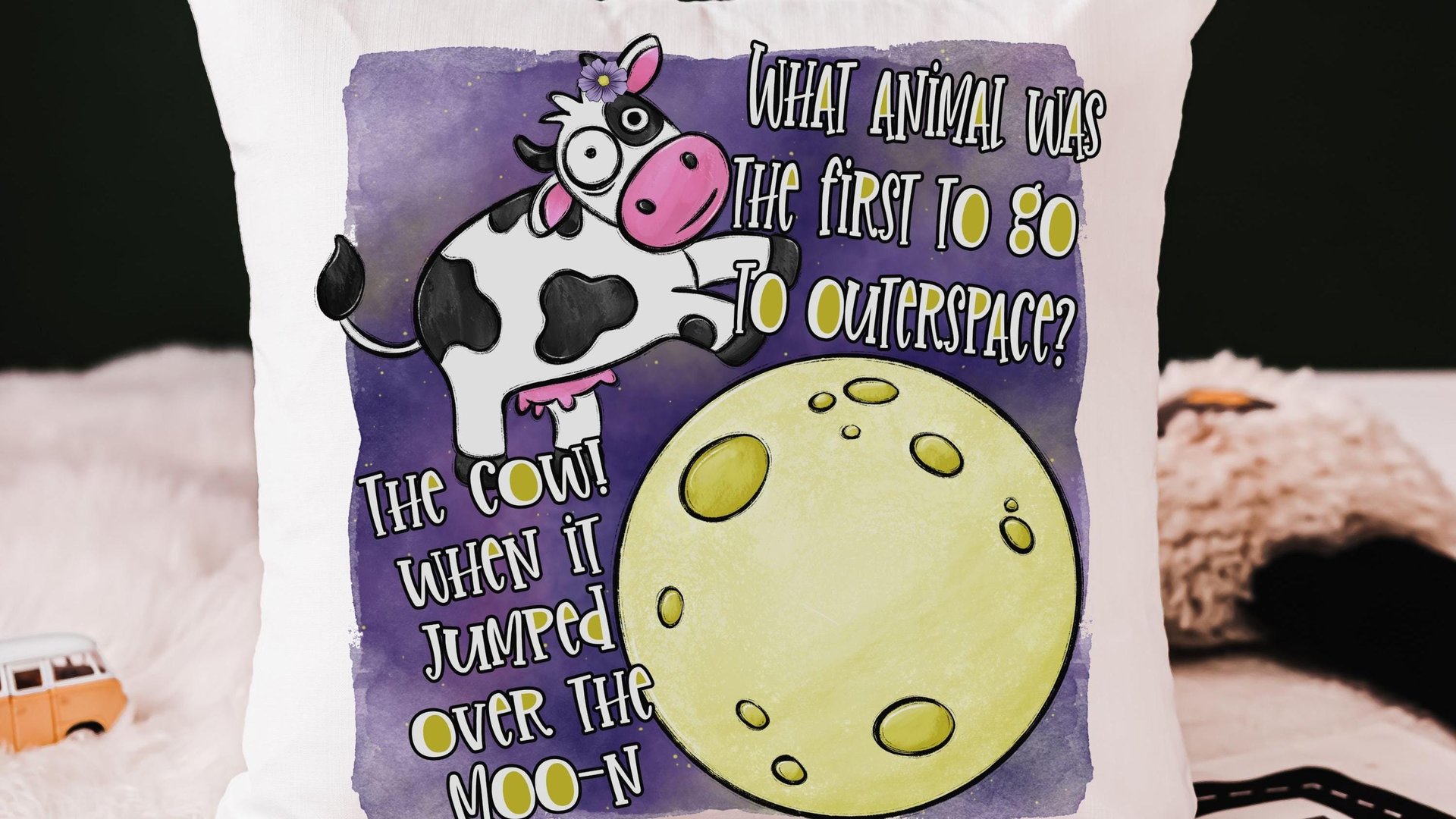 funny cow throw pillow for kids, nursery rhyme nursery decor, reading nook pillow, cute cow gifts for cow lovers, cow jumped over the moon