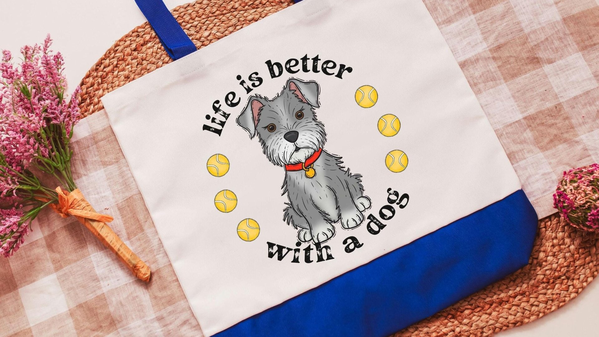 life is better with dogs miniature schnauzer tote bag for women, cute Mothers day gifts from dog, reusable shopping bag, schnauzer gifts