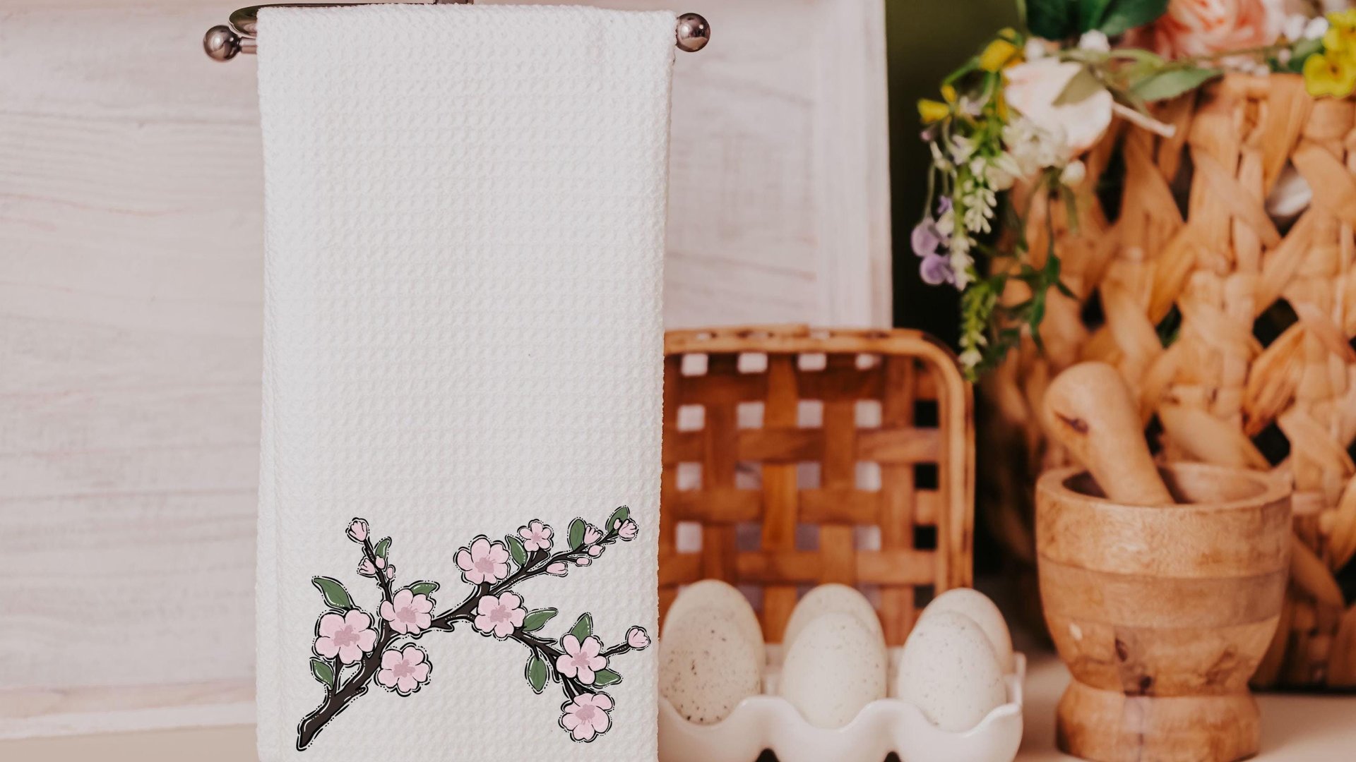 cherry blossom floral kitchen towels for gifts, Japanese aesthetic Japandi kitchen decor, bridal shower gift for bride to be, Sakura flower