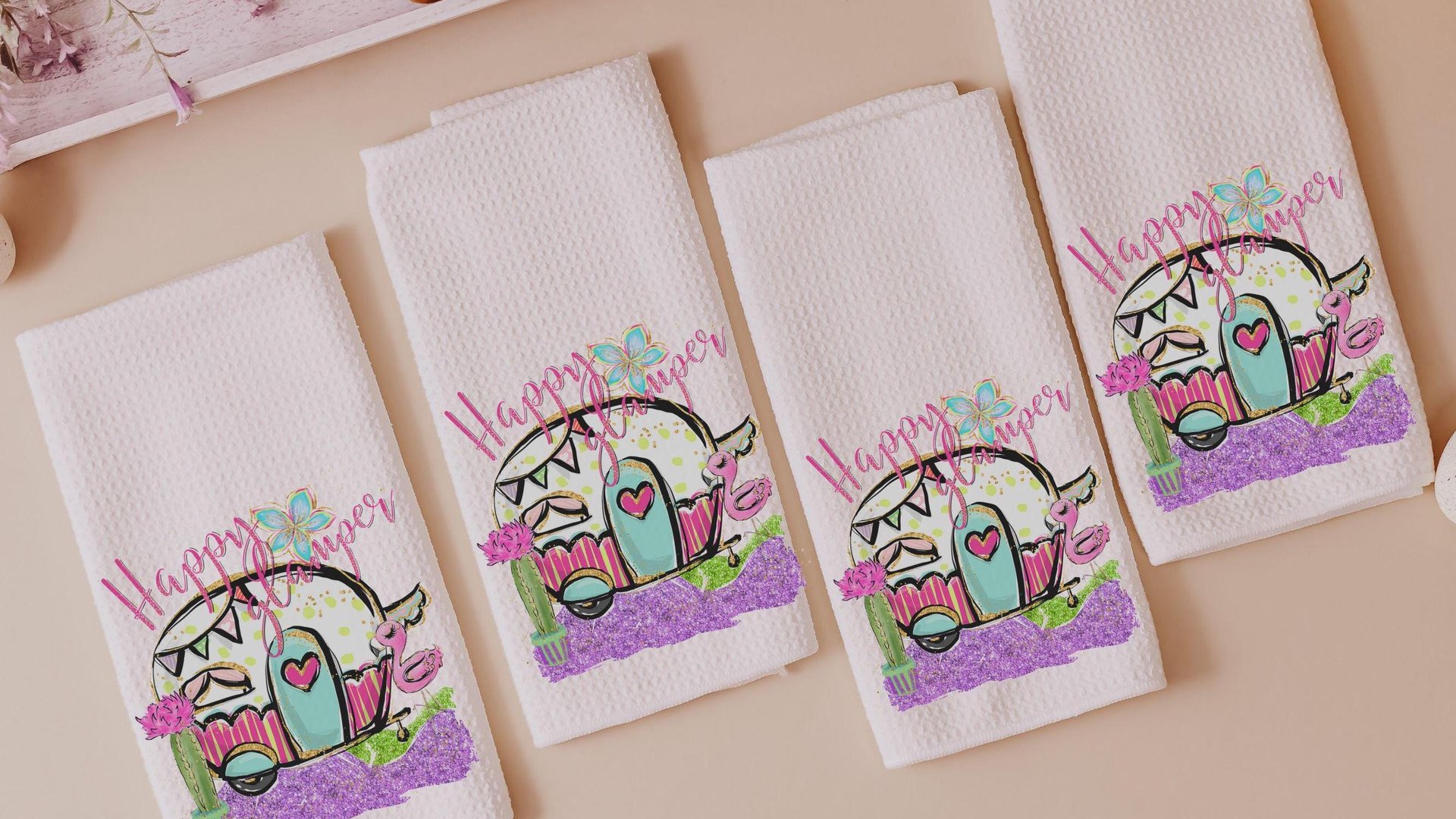 happy glamper pillows for camper, summer hand towel for bathroom, RV accessories for inside, van life gifts, indoor camper decor, best gifts