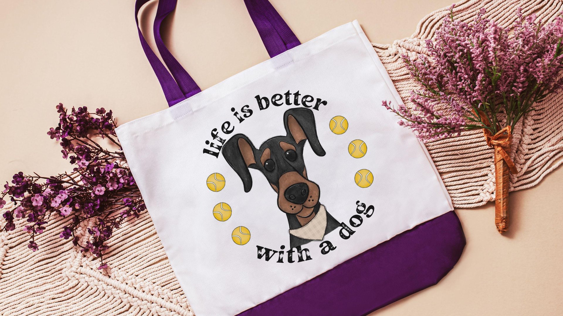 life is better with dogs Doberman pinscher dog lover tote bag for women, dobie mom Doberman gifts, reusable shopping bag, cute dog gifts for