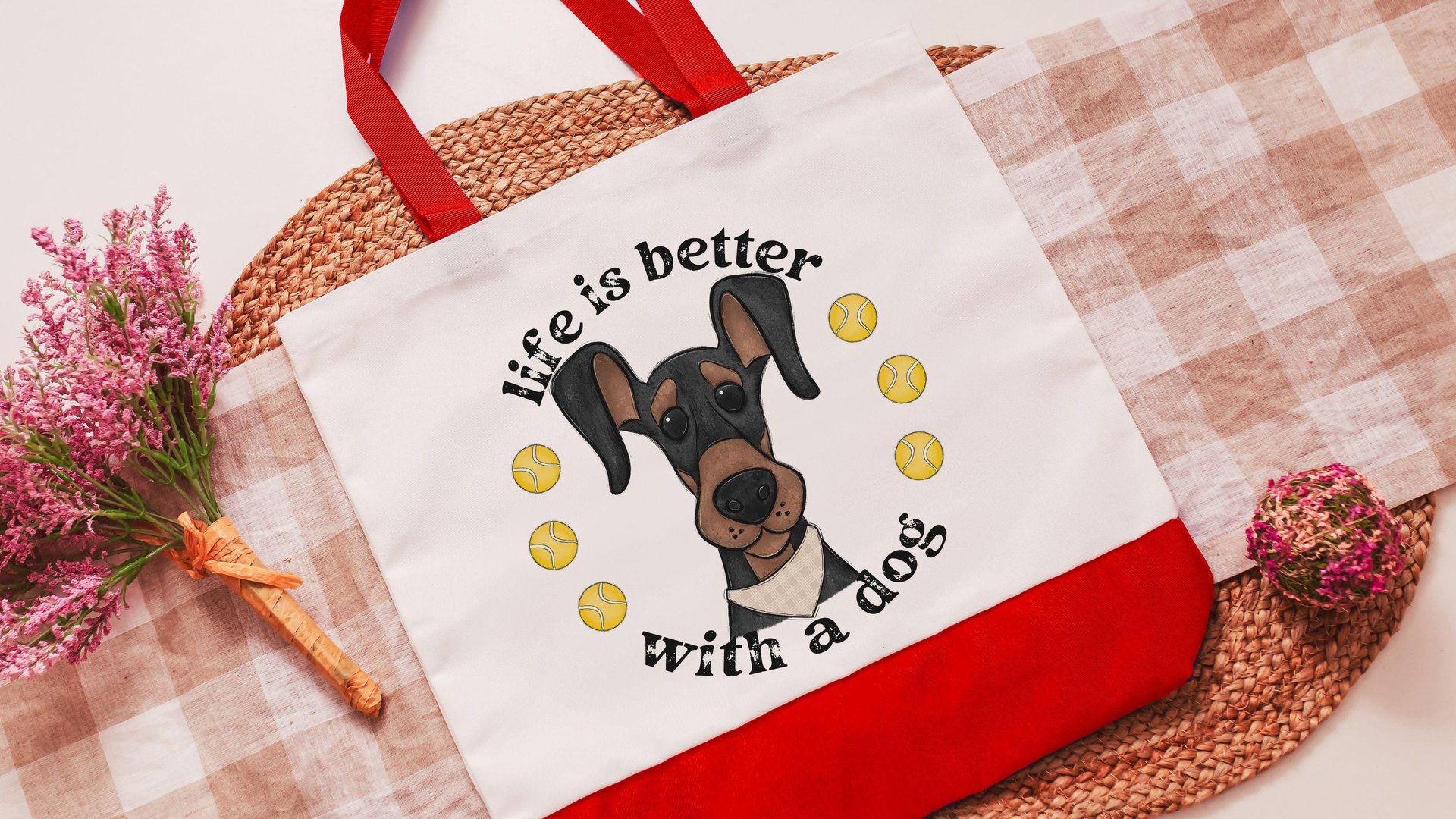 life is better with dogs Doberman pinscher dog lover tote bag for women, dobie mom Doberman gifts, reusable shopping bag, cute dog gifts for