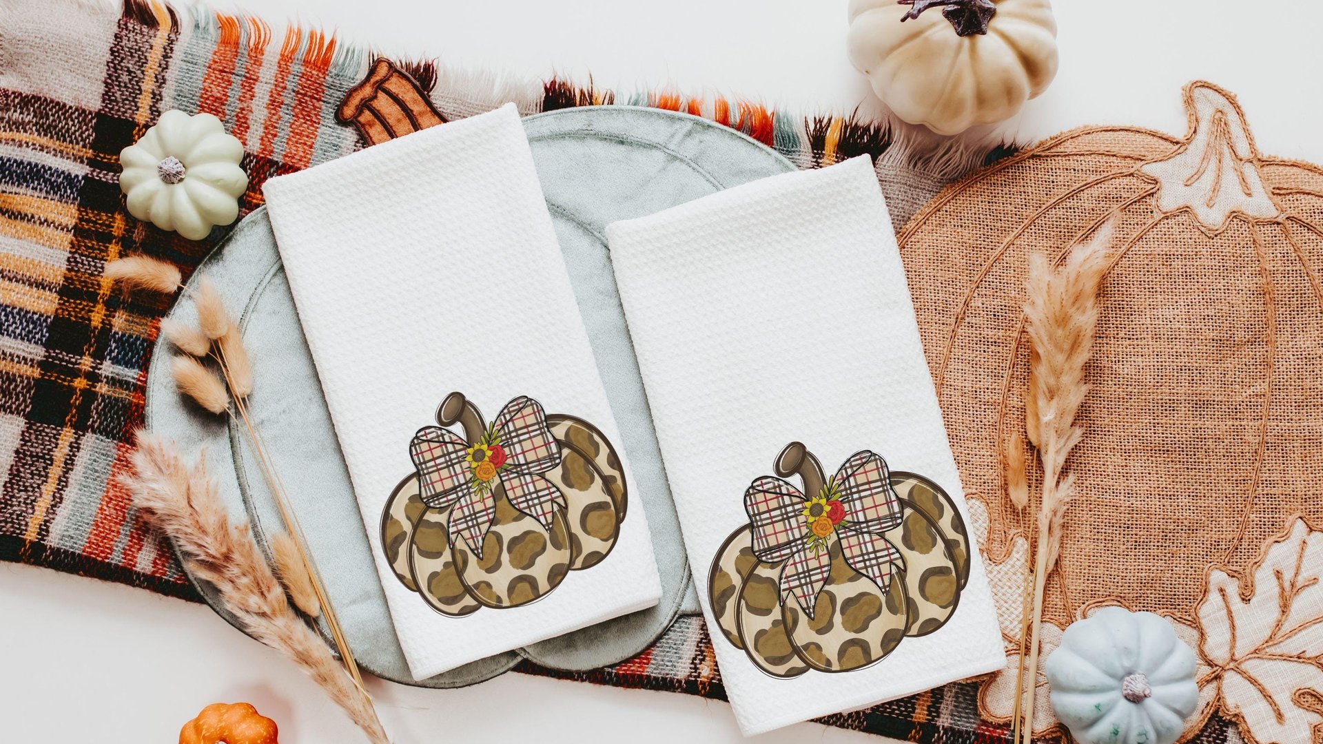 leopard pumpkin throw pillow for bed trendy gifts for women, plaid fall kitchen towels, autumn girly gift set for her, pumpkin coquette room