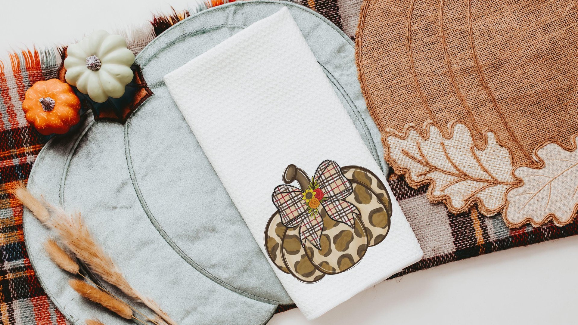 leopard pumpkin throw pillow for bed trendy gifts for women, plaid fall kitchen towels, autumn girly gift set for her, pumpkin coquette room