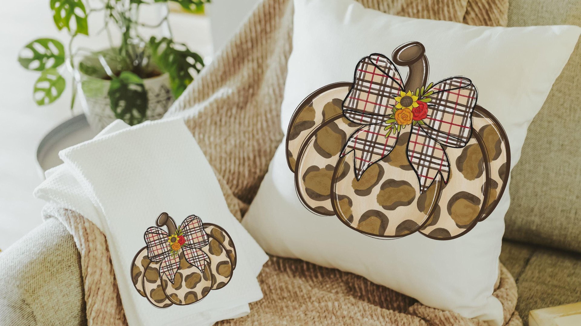 leopard pumpkin throw pillow for bed trendy gifts for women, plaid fall kitchen towels, autumn girly gift set for her, pumpkin coquette room