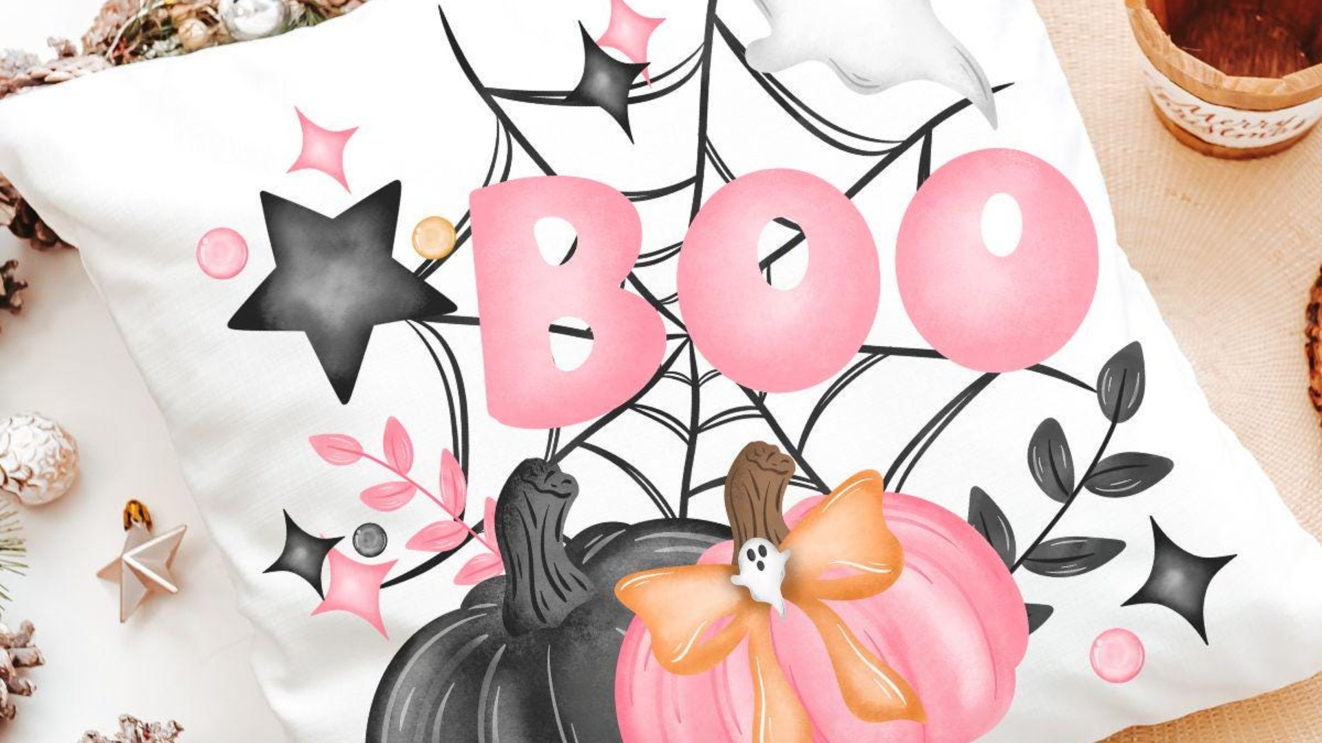 coquette Halloween decor set, boo Halloween gift set for her, cute Halloween gifts for women, pink pumpkin throw pillow for couch, whimsical