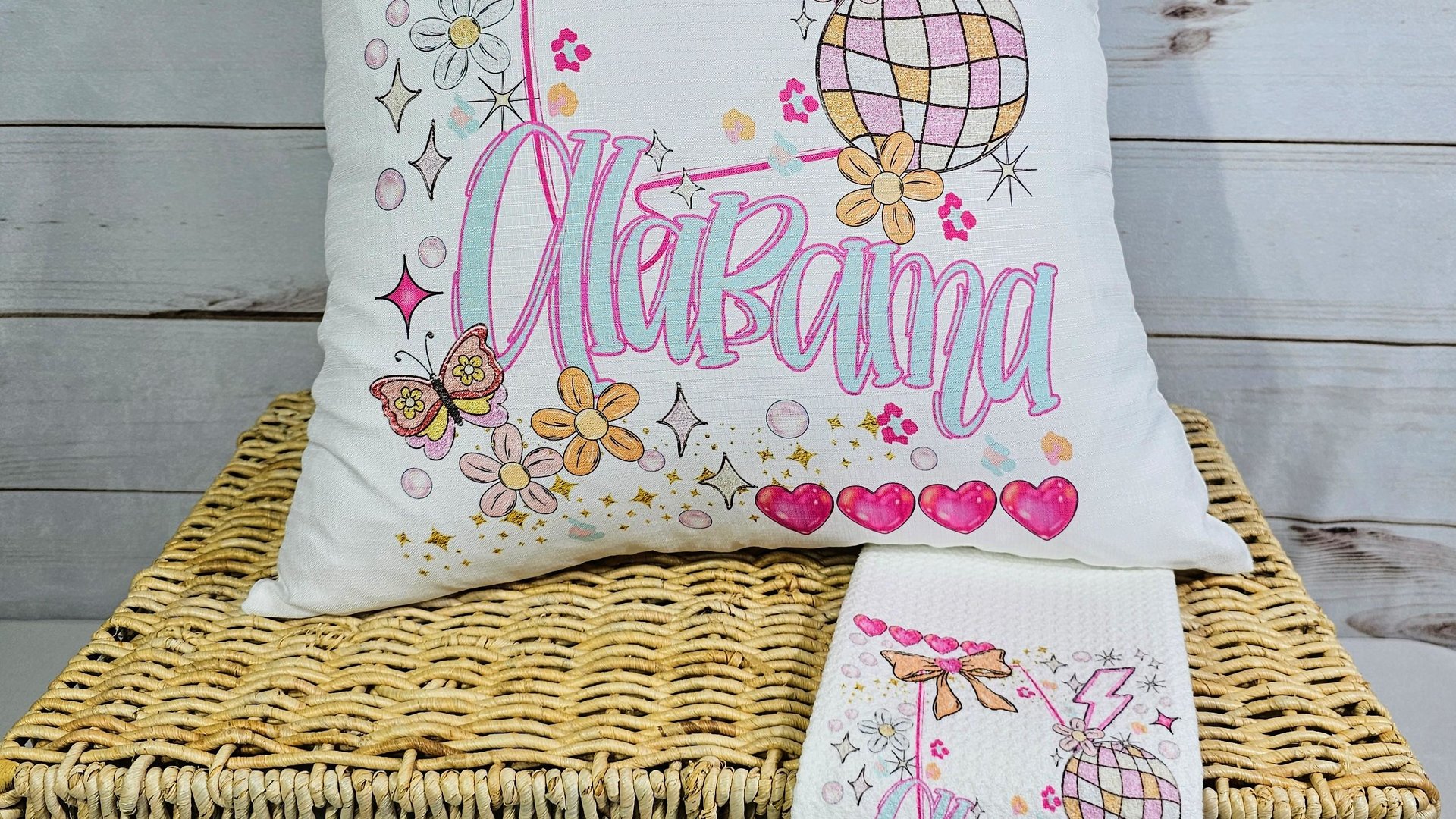 custom Alabama throw pillow for bed, Alabama coquette preppy hand towel bathroom essentials, Alabama college gifts for girls, pink preppy