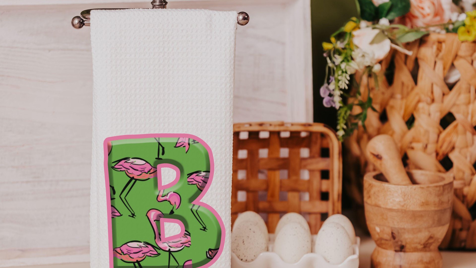 custom flamingo throw pillow for bed, personalized beach house gift set for women, tropical kitchen towels, flamingo gifts for her, initial