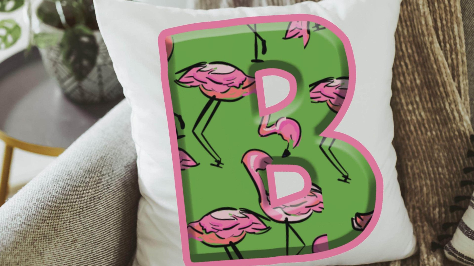 custom pink flamingo throw pillow for couch, lanai decor, tropical decor, cute flamingo gifts for her, personalized lime green initial throw