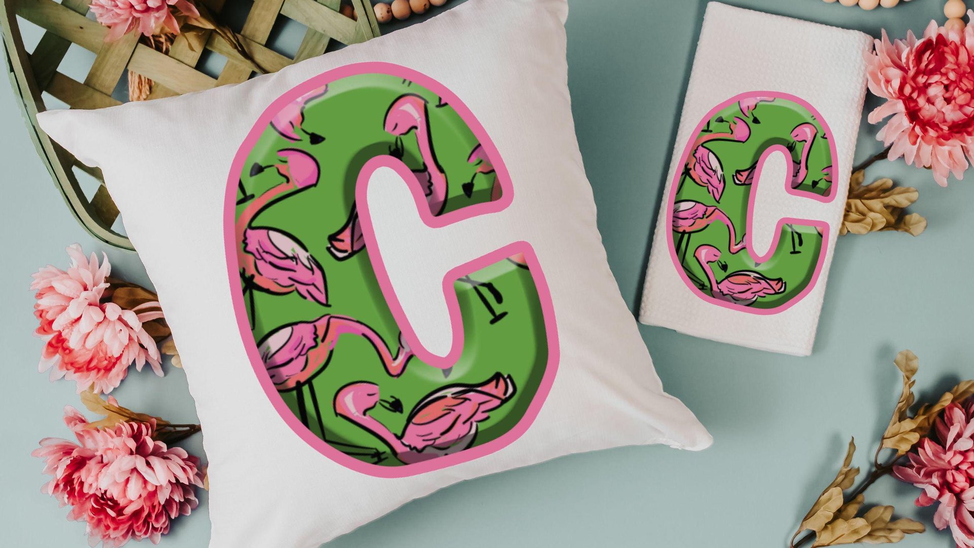 custom pink flamingo initial throw pillow for couch, personalized flamingo kitchen towels cute flamingo gifts for her, beach house gift set